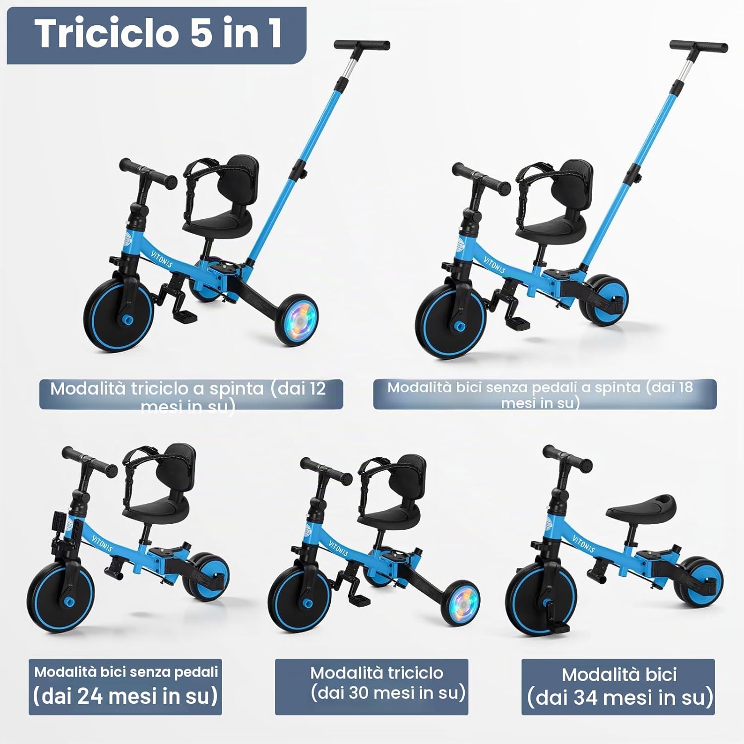 Thumbnail 2 de VITONIS Triciclo 5 in 1 per bambini 18 mesi-5 anni blu con ruote lampeggianti