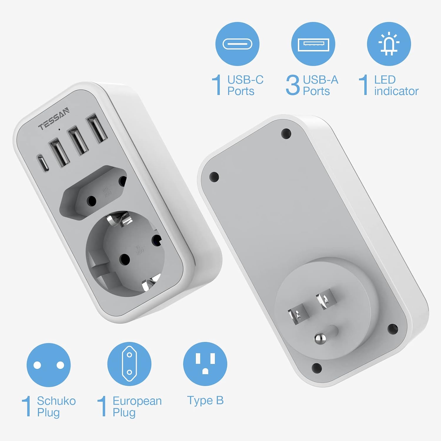 Thumbnail 3 de Adattatore presa Americana 6 in 1 di TESSAN: 1 USB-C, 3 USB e 1 presa AC/US con indicatore luminoso