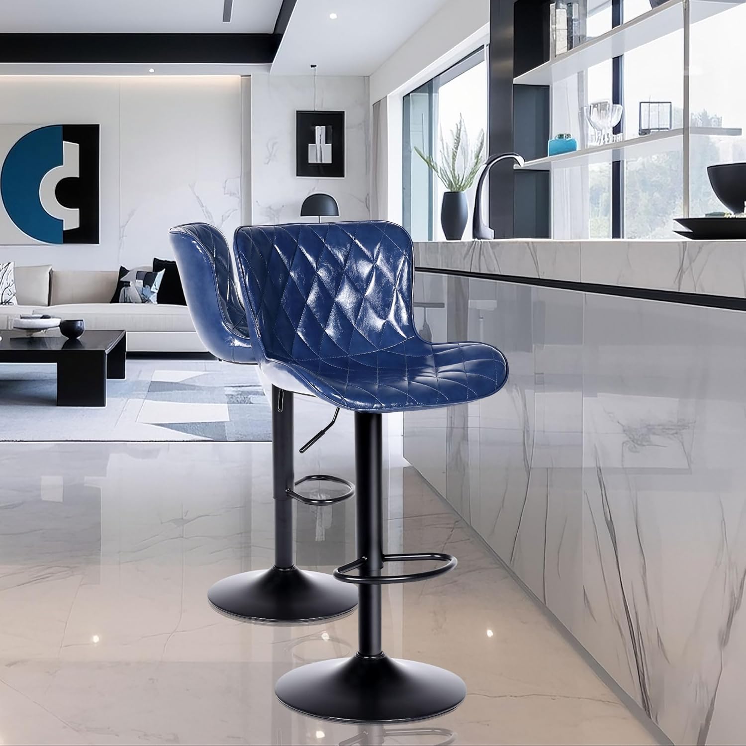 Detalle de Youhauchair Tabouret Bar Lot de 2 en Cuir Imperméable – Hauteur Réglable, Pivotants, Dossier et Repose-Pieds, Bleu