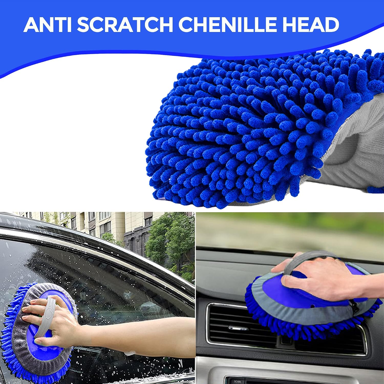 Detalle 2 de 160cm (63") Car Wash Brush with Microfibre Heads – Extendable Long Handle Cleaning Mop Mitt (with 3 Replacement Heads)