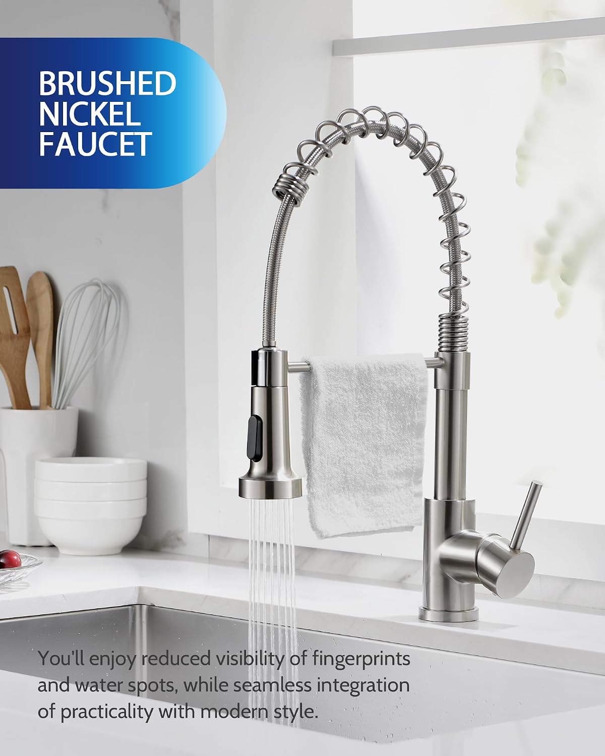 Detalle de LUFEIDRA 07STL Pull-Down Kitchen Faucet, Brushed Nickel, High-Arc