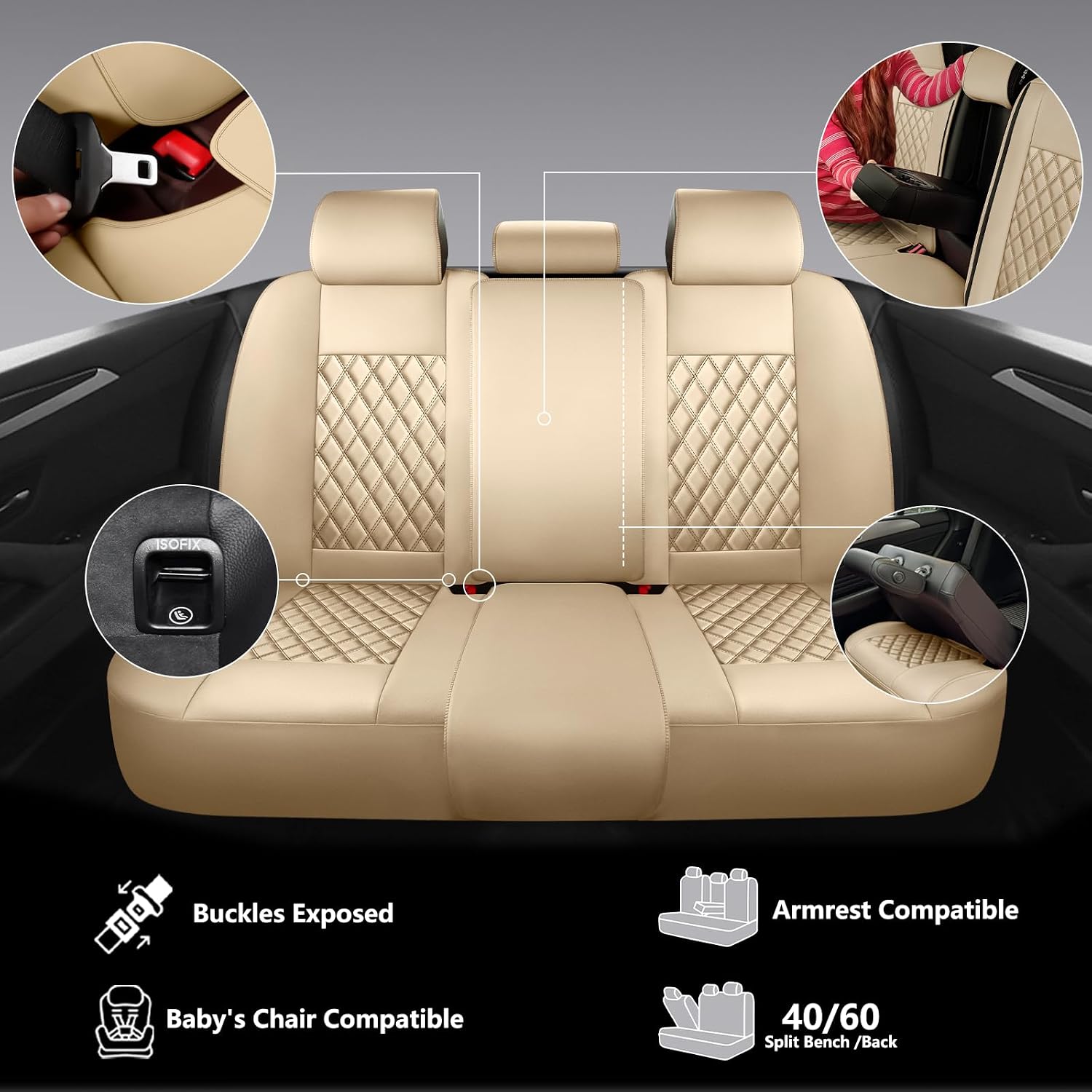 Detalle de CHOCMONS Car Seat Covers Full Set (Universal Fit) in Beige — Faux Leather Waterproof Protectors for 5-Seat Cars, SUVs & Trucks