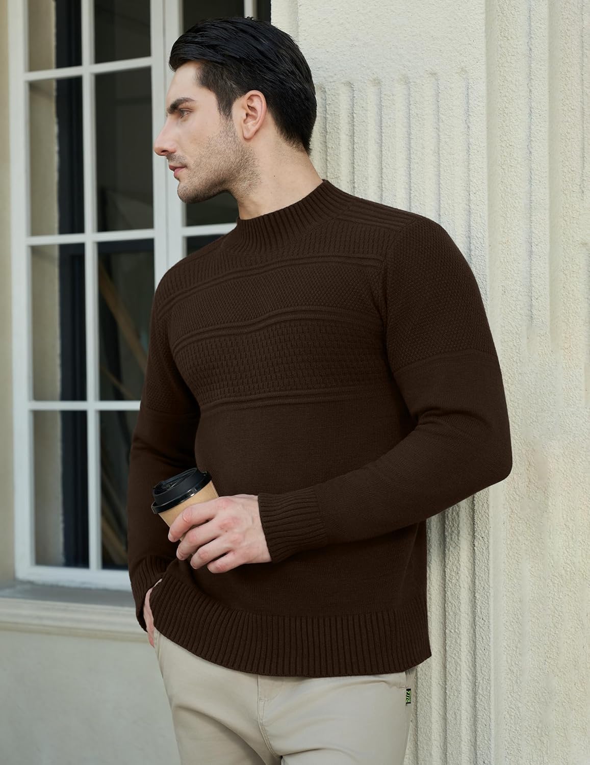 Thumbnail 1 de MLANM Men's Turtle Neck Ribbed Knitted Jumper – Slim Fit Long Sleeves