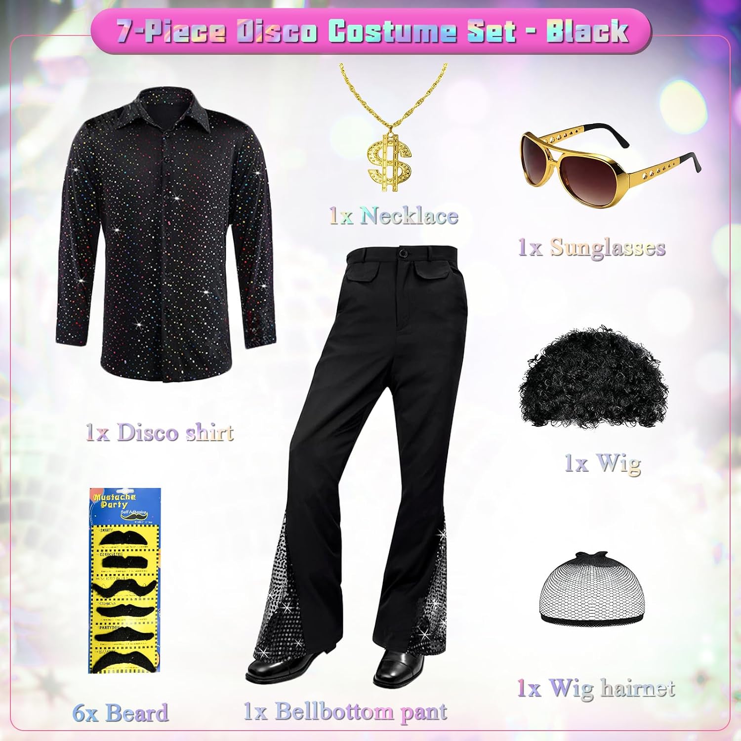 Detalle de KDAFJLKD 7-Piece 1970s Disco Costume for Men with Bell-Bottom Pants