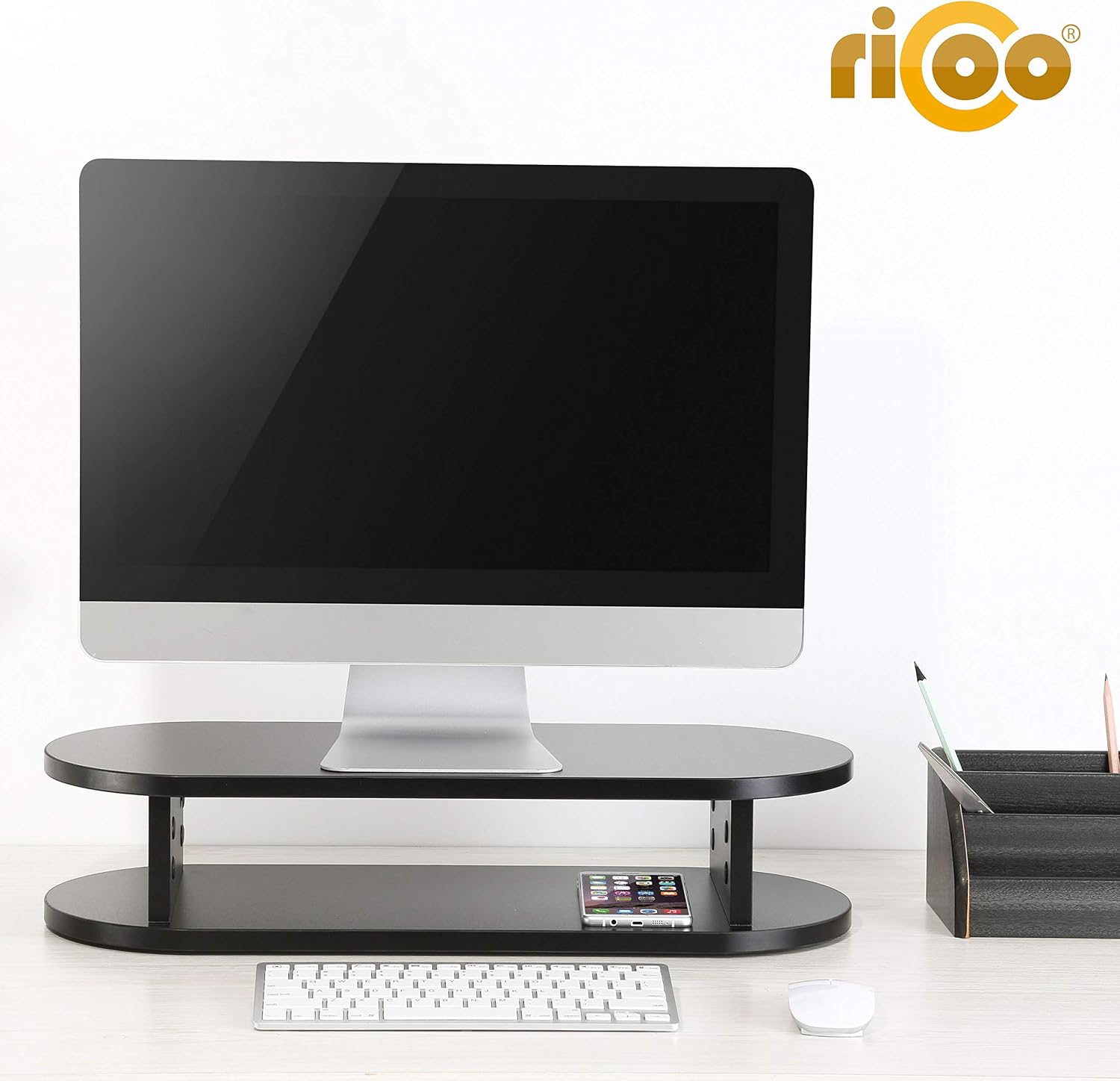 Detalle de RICOO FS0116 Supporto monitor PC rialzo scrivania per schermo piatto e laptop, 2 ripiani 60 x 24 x 13 cm nero