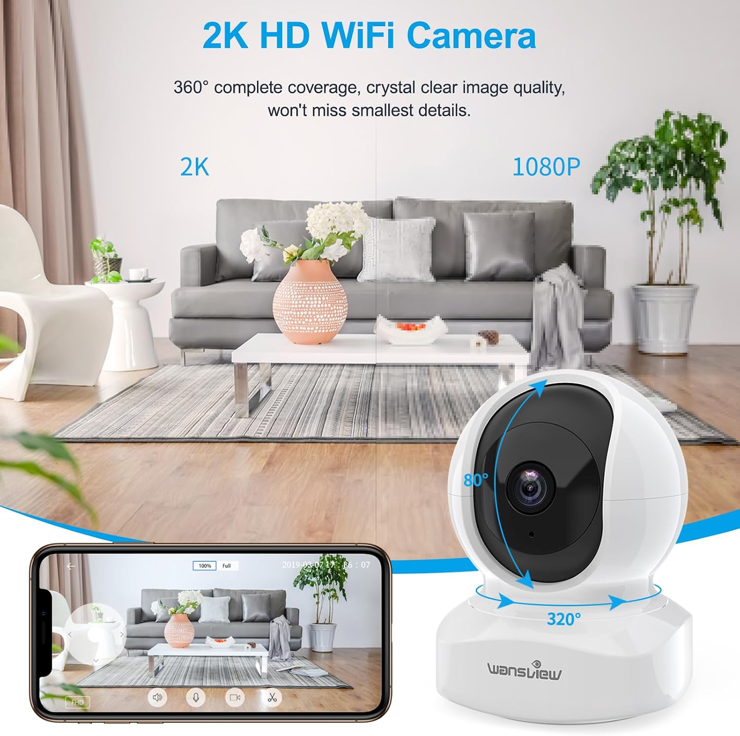Detalle de Wansview 2K Indoor Pet Camera (Q5 2P): Real-time Pet & Baby Monitoring with 360° Pan/Tilt