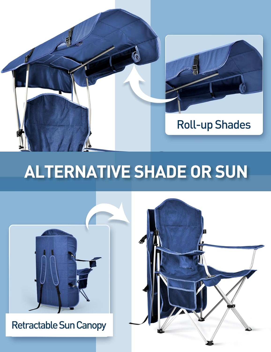 Detalle de Docusvect Beach Chair with Canopy Shade (Folding Camping Chair with Cup Holder) – Up to 330 LBS