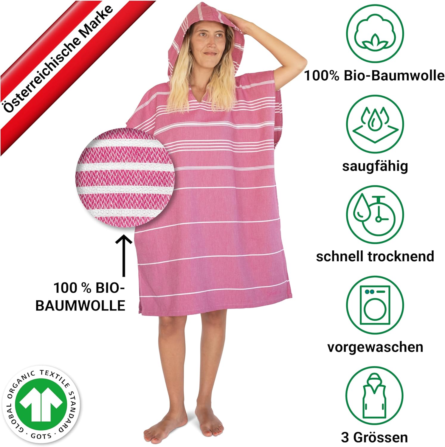Thumbnail 2 de LeStoff Badeponcho – 100% Bio-Baumwolle, leicht, saugfähig und schnelltrocknend mit Kapuze (Fuchsia, Größe S)