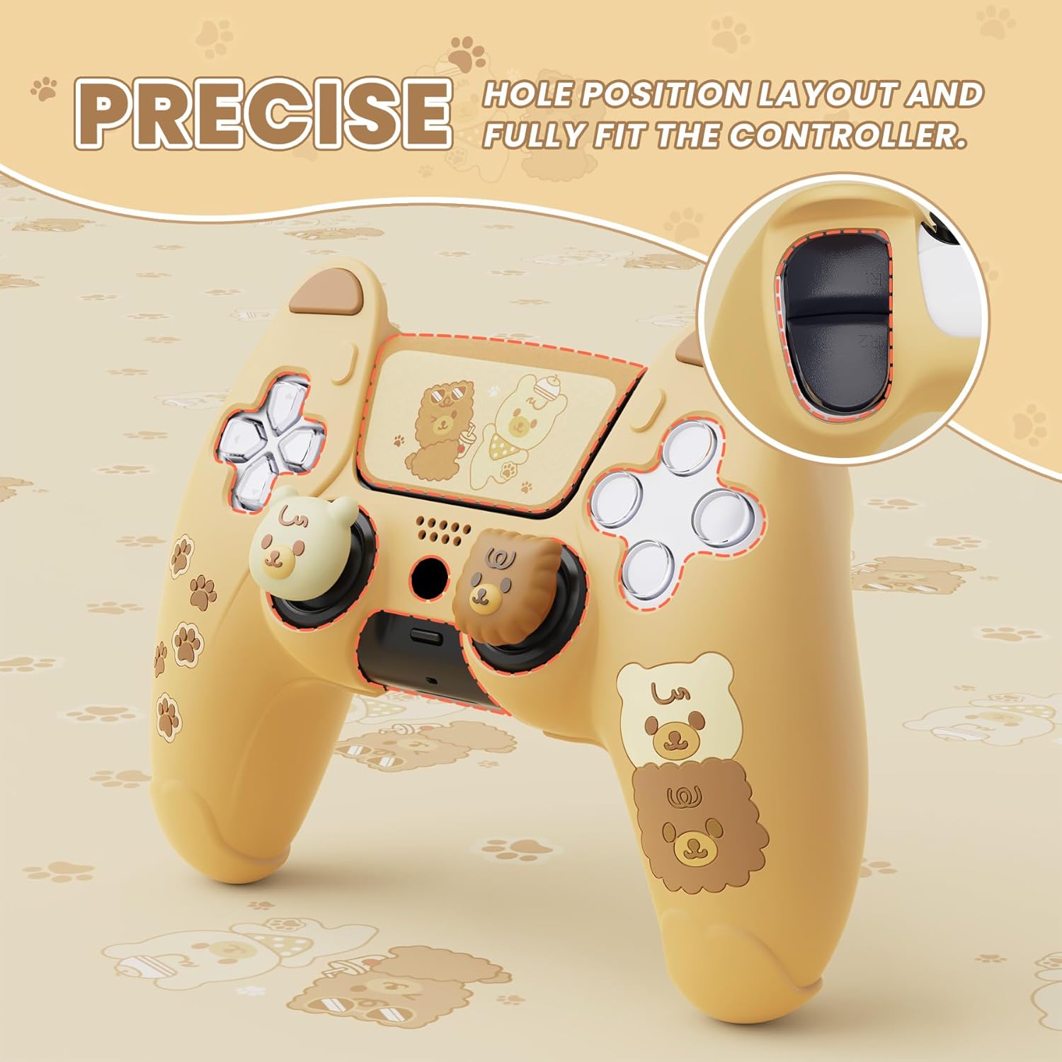 Detalle de PlayVital Cute Bear Controller Silicone Case for PS5 – Bear-Themed Cover with Touch Pad Sticker & Thumb Grips (Yellow & Brown)