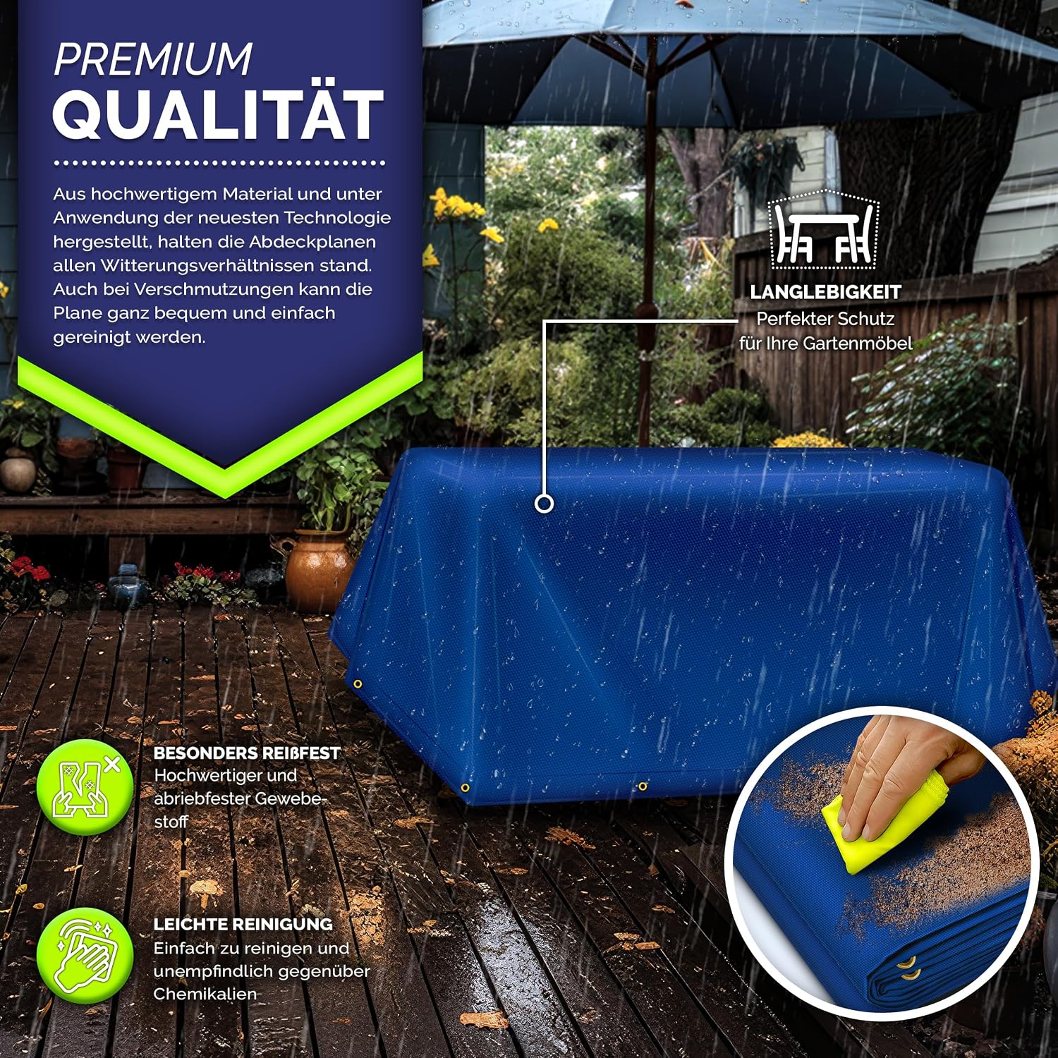 Detalle de tillvex® Abdeckplane mit Ösen (Grau) 5x7 m: wasserdichte PVC-Gewebeplane mit 10 Spanngummis & 15 m Seil