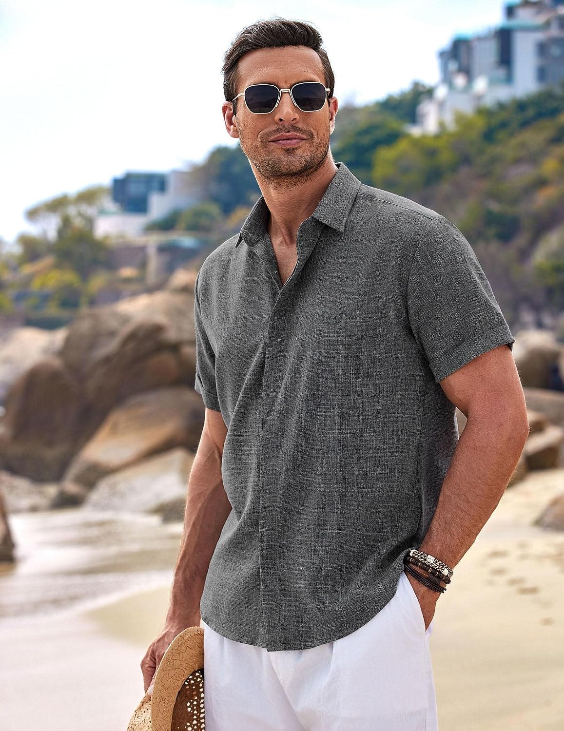 Thumbnail 2 de COOFANDY chemise en lin pour hommes à manches courtes boutonnée