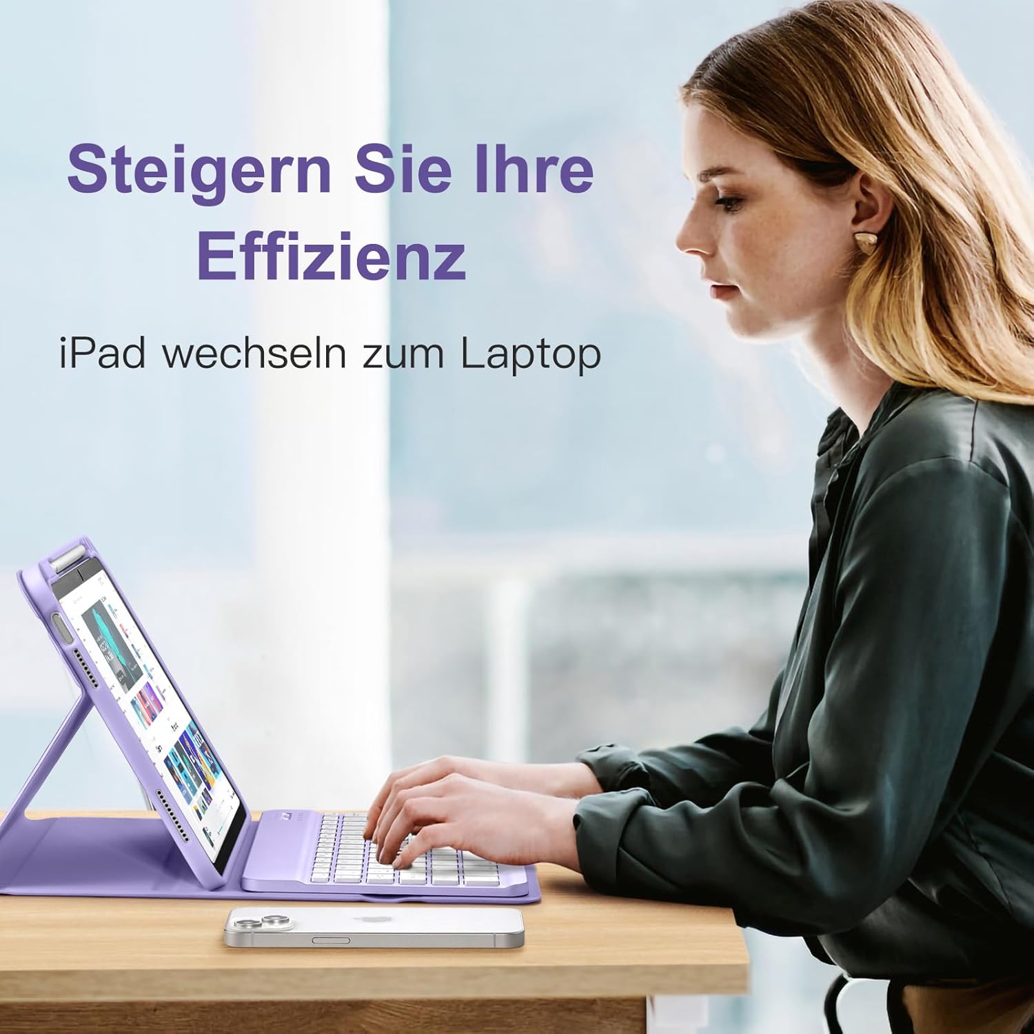 Thumbnail 6 de Vobafe Tastatur-Hülle für iPad A16 (11/10.9 Zoll) mit abnehmbarer Magnet-Tastatur & beleuchteten Tasten – Lavendel