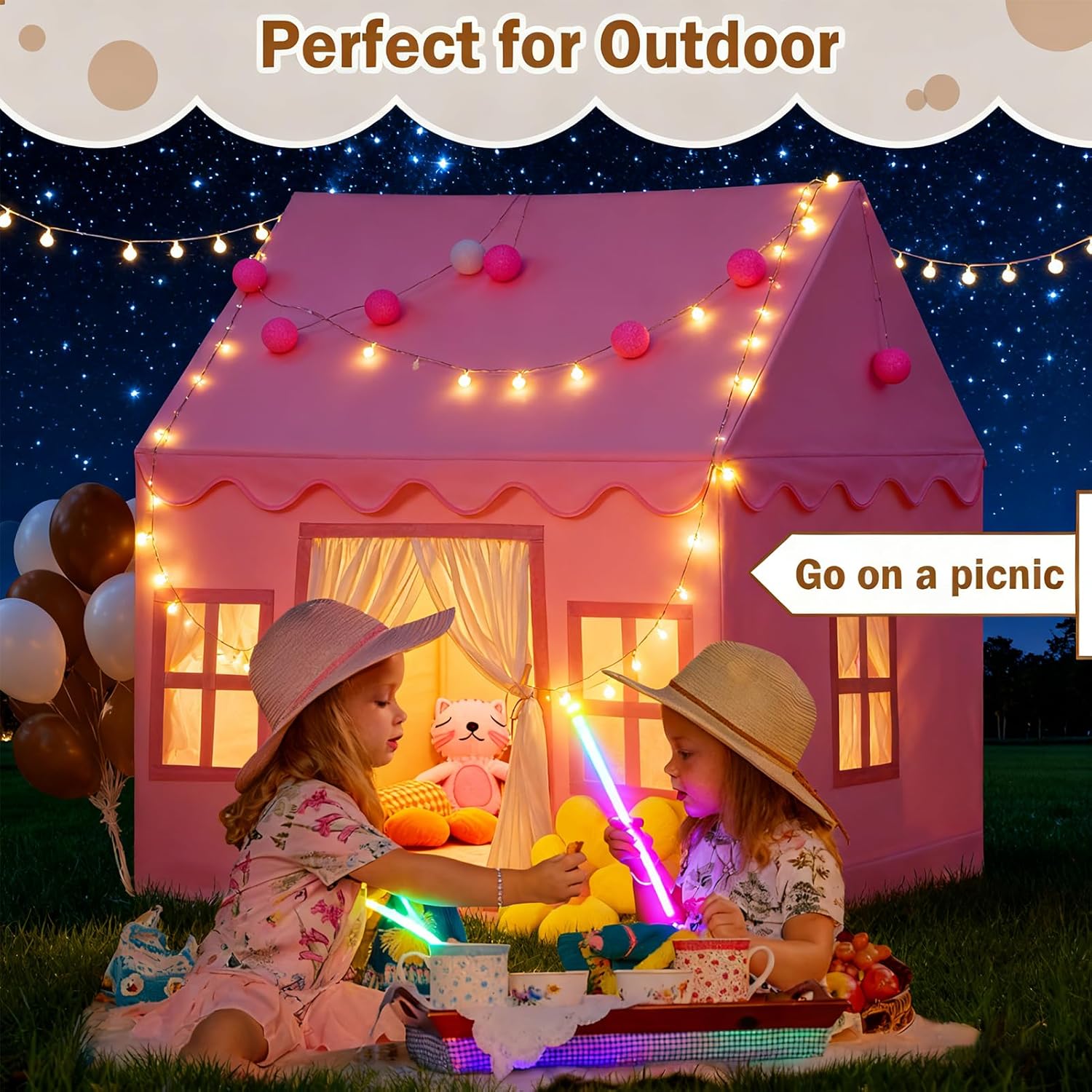 Detalle de Large Kids Tent Playhouse: 2-in-1 Play Tent with Padded Mat, Lights & Flags