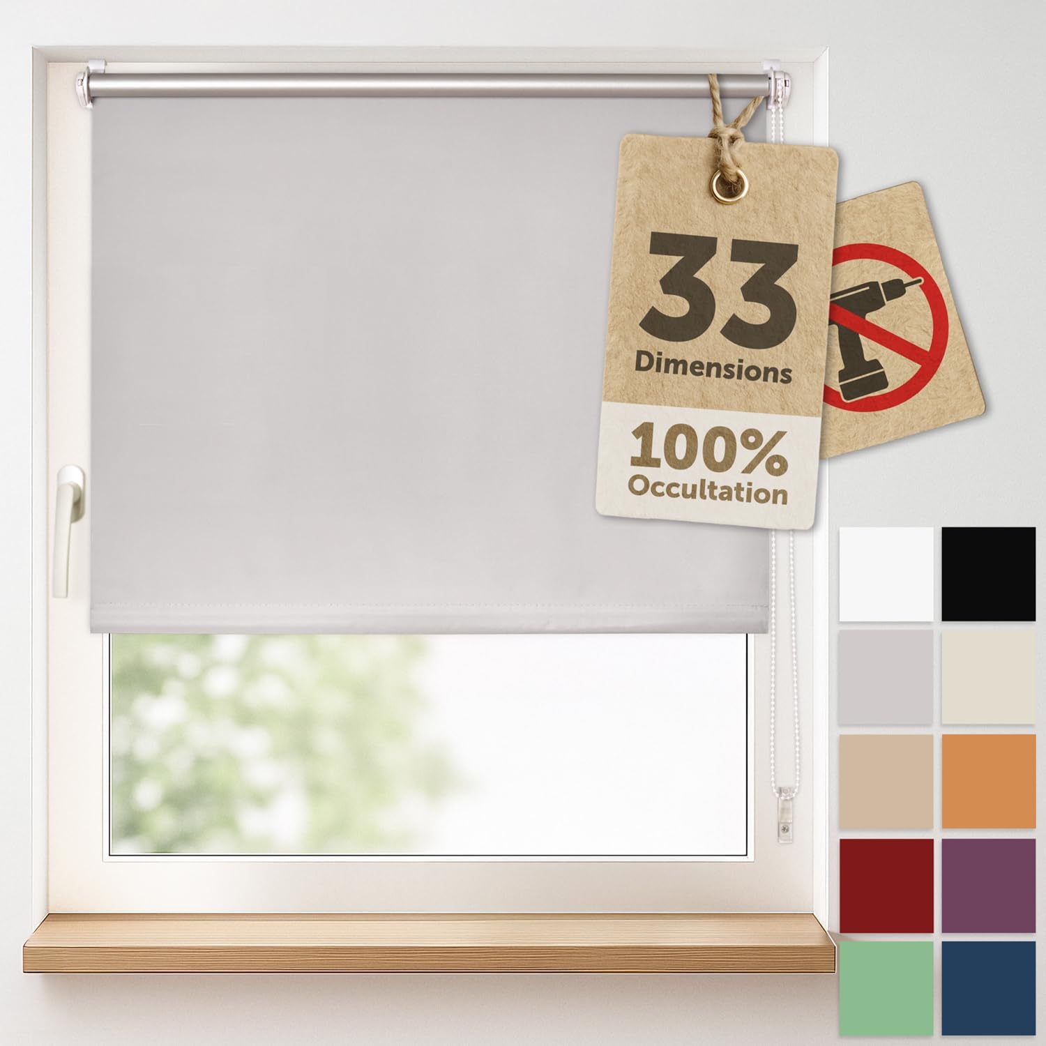 Blumtal store enrouleur occultant 80 x 210 cm sans perçage (gris) – réglage à chaînette, 4 couches