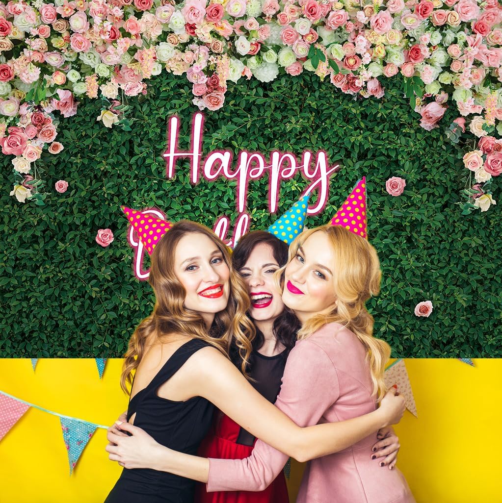 Thumbnail 3 de Green Leaves Happy Birthday neon pink rose backdrop (7x5ft) for photo & party table styling