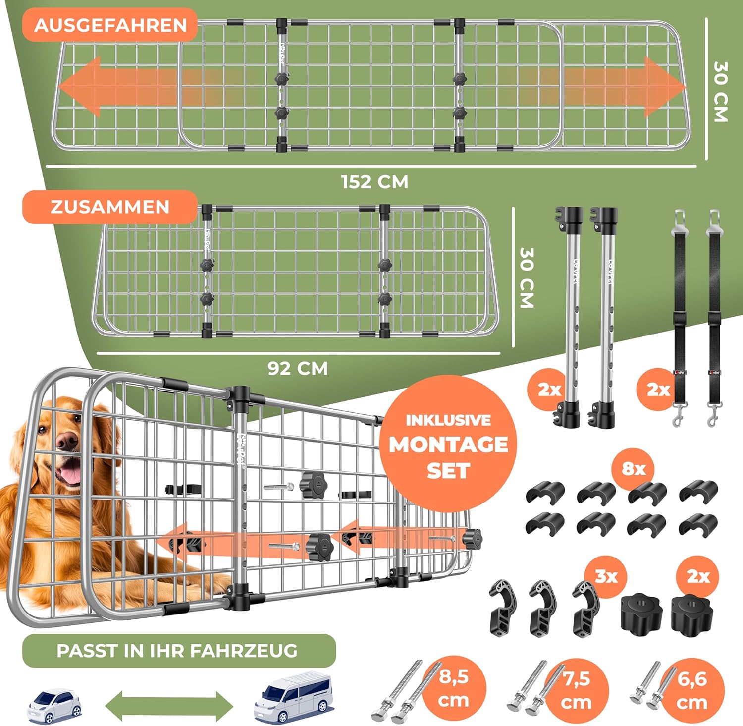 Thumbnail 6 de LOVPET® Hundegitter Auto Kofferraum – verstellbares Trenngitter 92–152 cm (ohne Bohren) inkl. 2 Sicherheitsgurten, grau