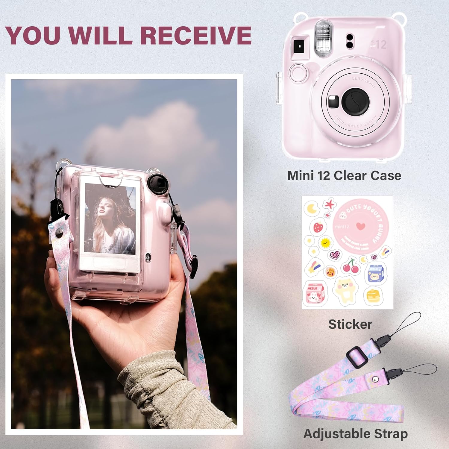Detalle de Rieibi Clear Case for Fuji Instax Mini 12 (Pink) with Carrying Case, Strap & Sticker