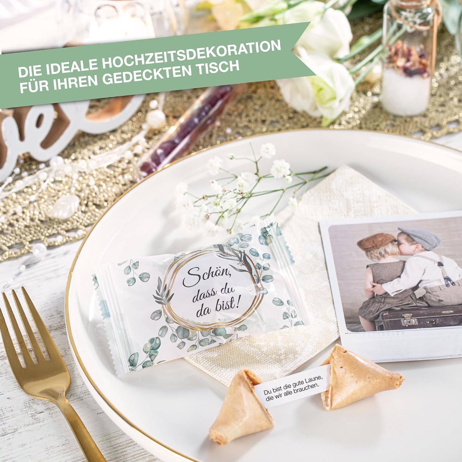 Detalle de FOOD crew 36x Glückskekse „Schön dass du da bist“ – einzeln verpackt, vegan als Gastgeschenk für Hochzeit & Co.
