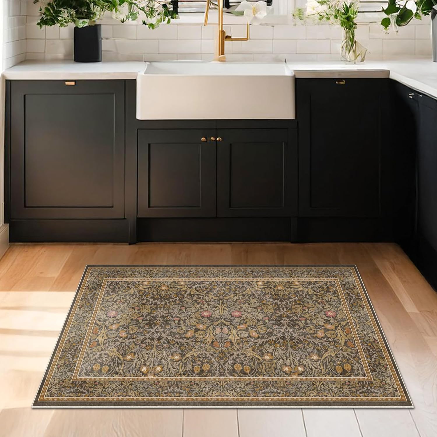 Detalle de Brown Washable Entry Rug - Front Door Throw Rug (2x3) with Non-Slip Backing, Vintage Floral Boho Kitchen & Bathroom Mat