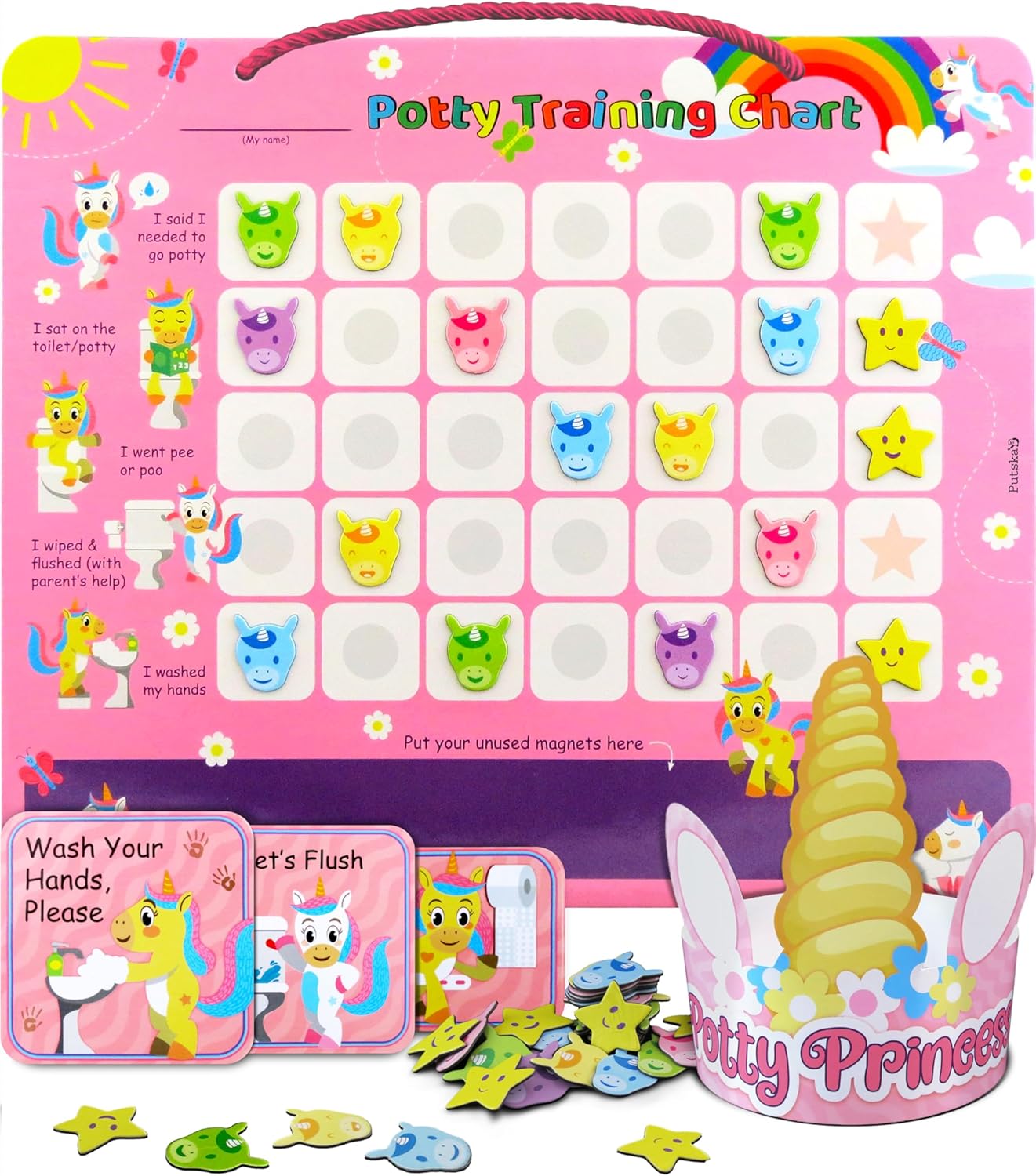 Detalle de PUTSKA Potty Training Reward Chart for Girls with 35 Reusable Stickers – Unicorn potty sticker chart for toddlers