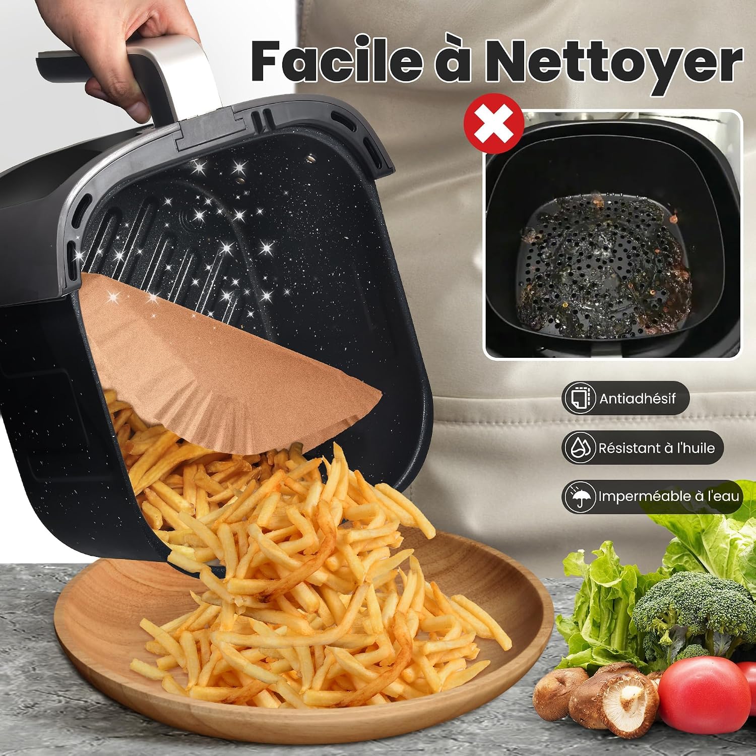 Detalle de KitchenBoss Papier Cuisson Air Fryer - 120 feuilles carrées 20-24 cm, Bord antiadhésif et sans danger alimentaire