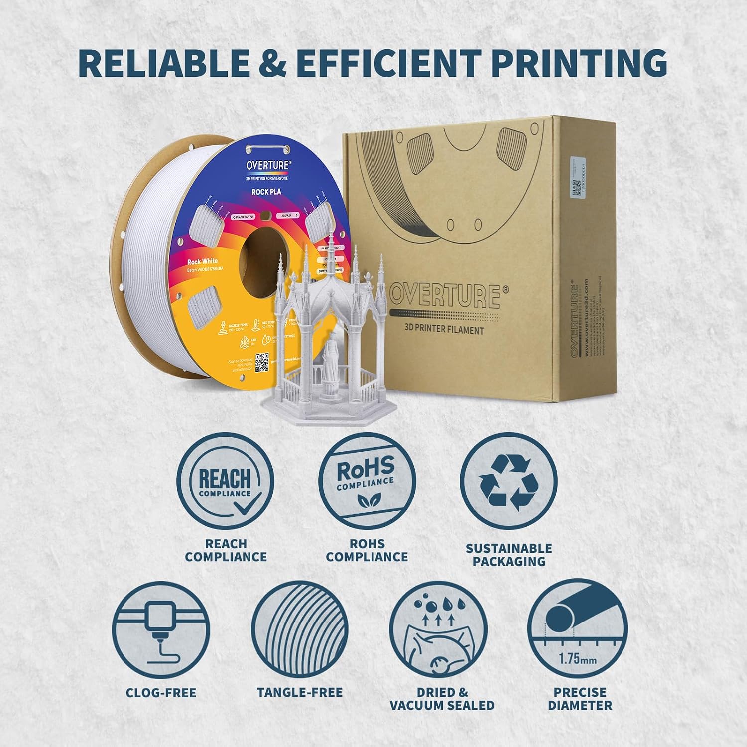 Thumbnail 6 de OVERTURE Rock PLA Filament 1.75 mm – Marble Weiß, 1 kg, +/- 0,03 mm