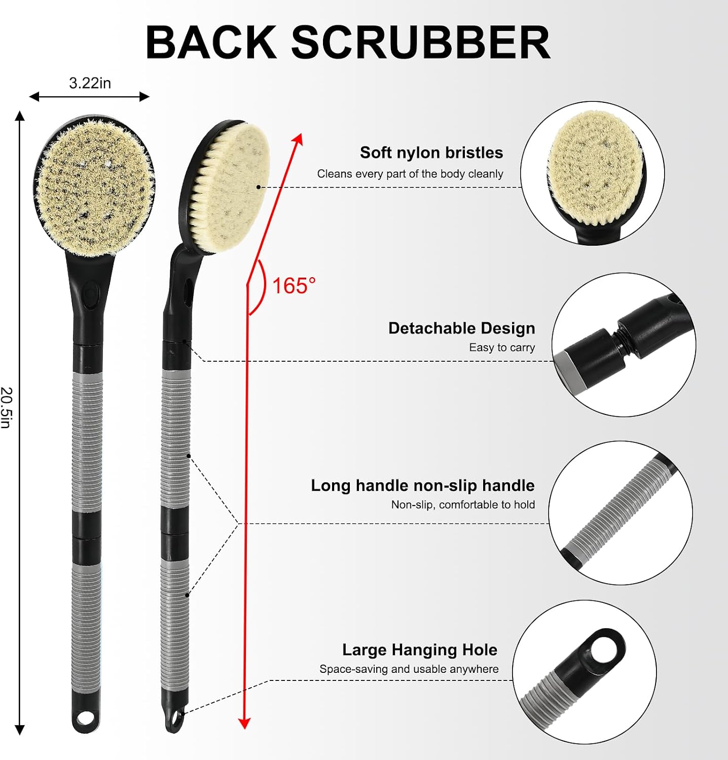 Detalle de BTideas Non-Slip Shower Back Scrubber, 21.7 Inch Detachable Bath Brush