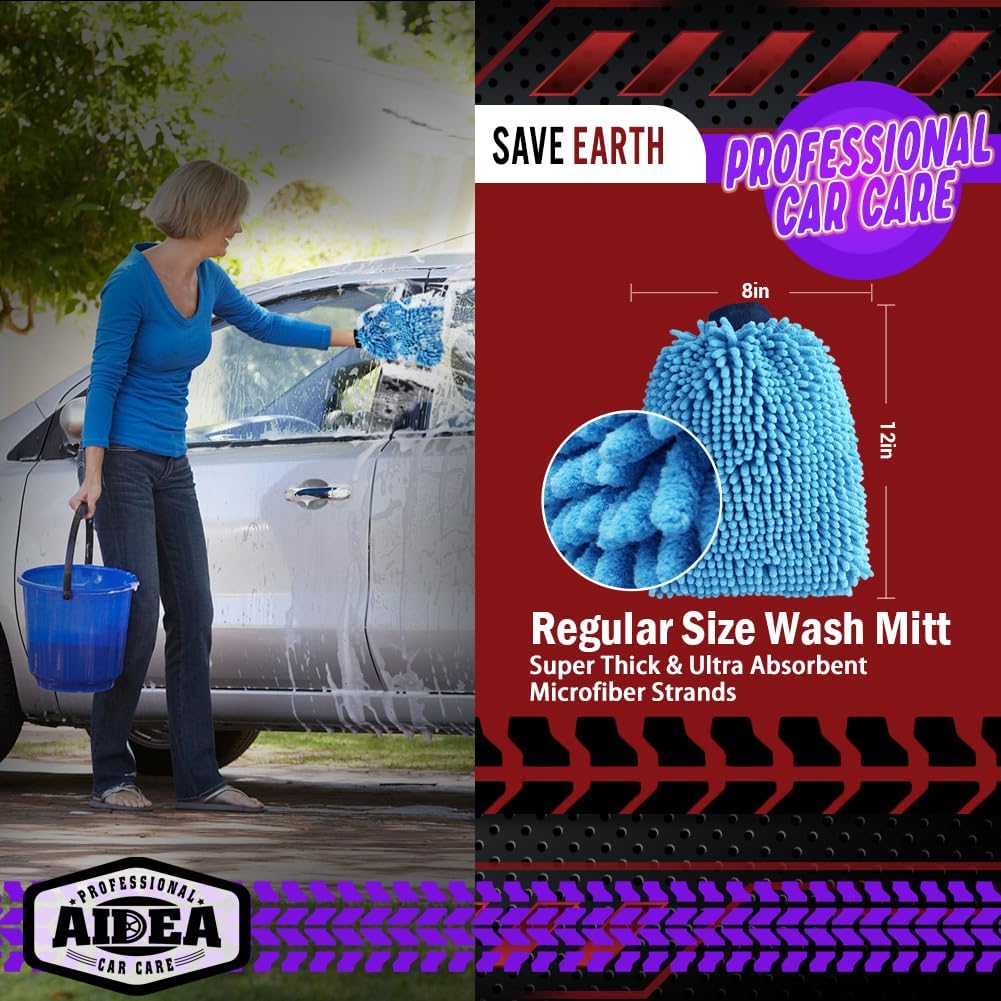 Detalle de AIDEA Car Wash Mitt Microfiber 2PK — Extra Large, Scratch-Free Double-Sided Chenille Mitt (Blue) for Cars, Boats & More