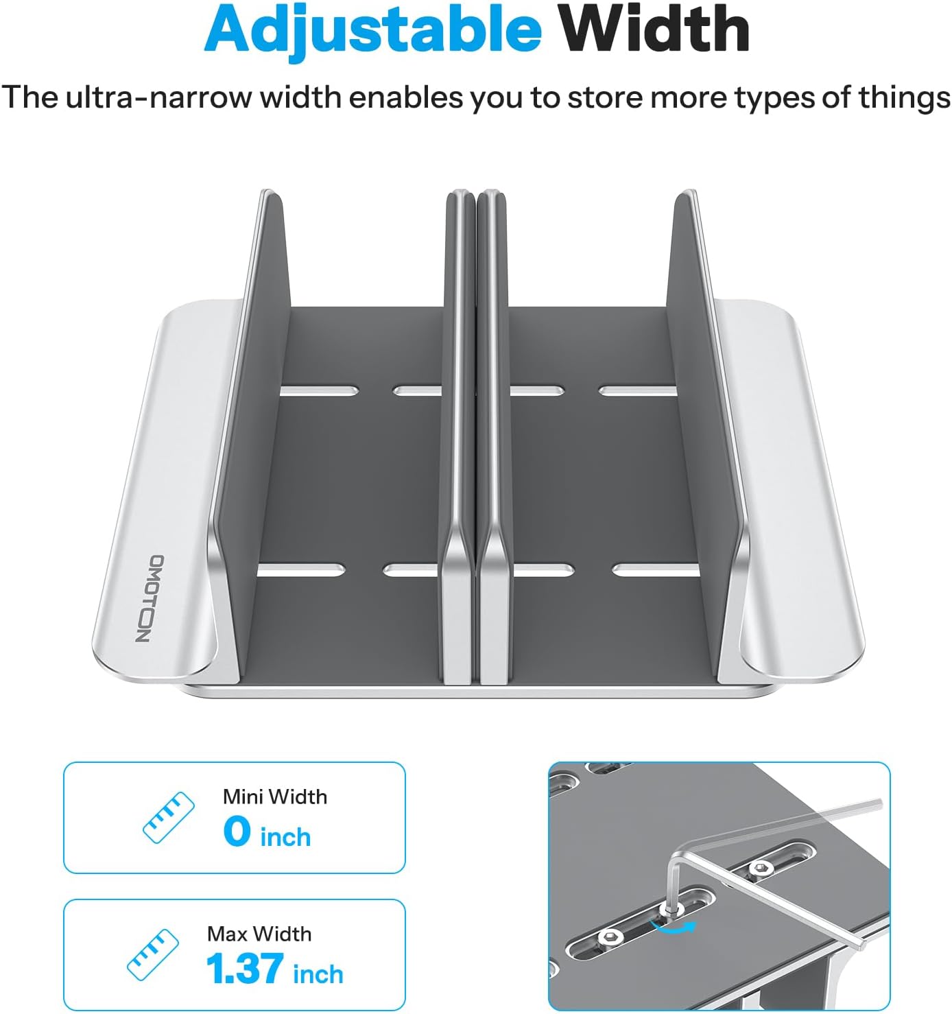 Detalle 2 de OMOTON VL03-Silver 3-Slot Vertical Laptop Stand, Adjustable Aluminum, Bright Silver