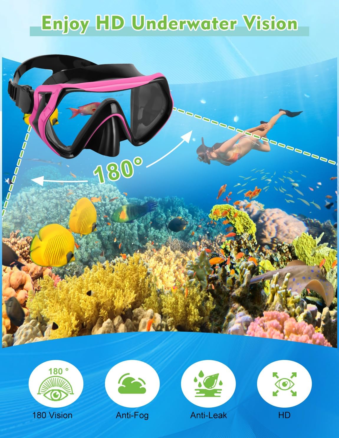 Detalle 2 de Hydomi Snorkel Set for Adults – Comfortable Leak-Proof Mask with 180° Panorama and Dry Top Snorkel