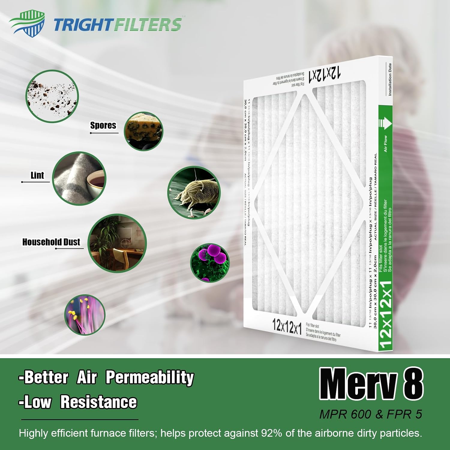 Detalle de TRIGHTFILTERS 12x12x1 Air Filter 6 Pack – Durable MERV 8 Pleated Home HVAC Replacement