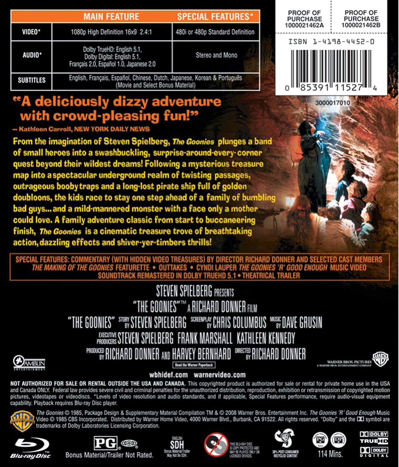 Detalle de The Goonies 21462 Blu-ray Movie, Action-Adventure, Dolby Digital Audio