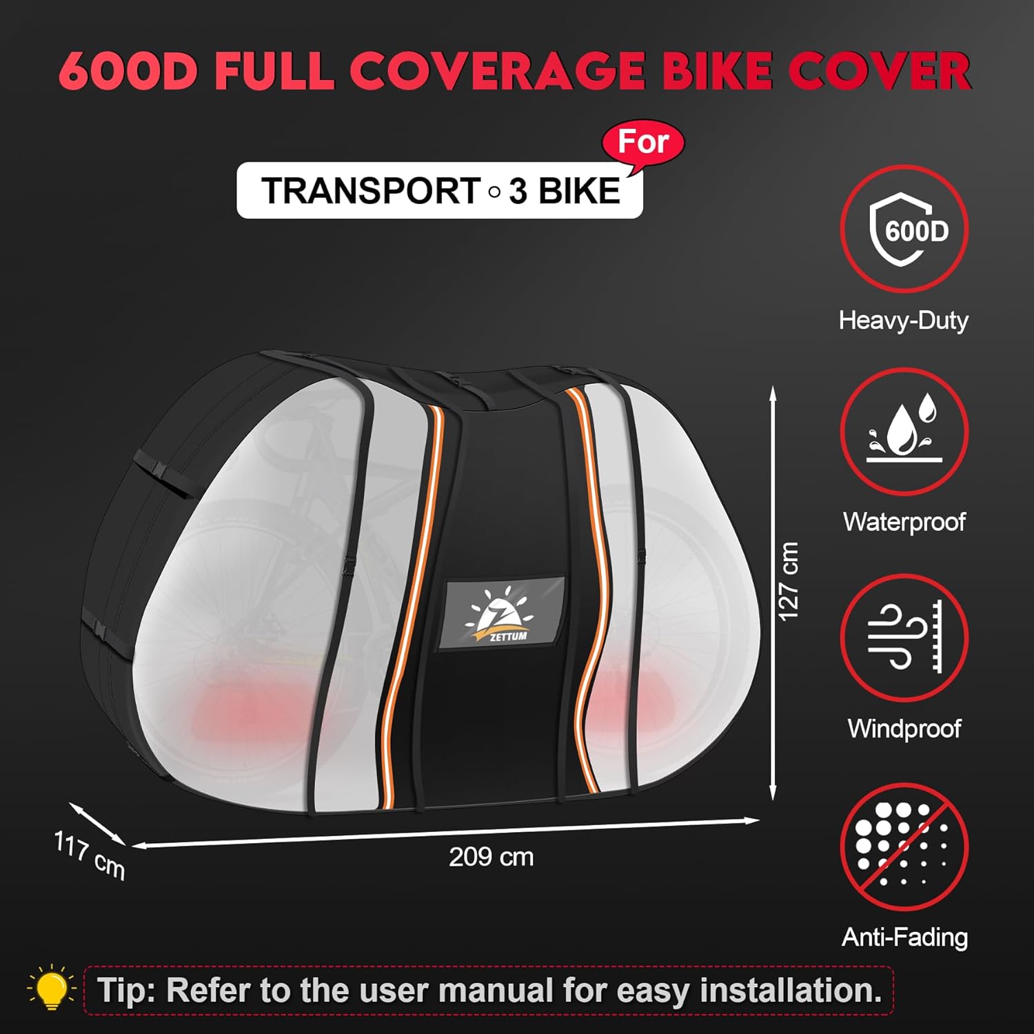 Thumbnail 1 de Zettum Funda para 3 bicicletas 209x117x127 cm