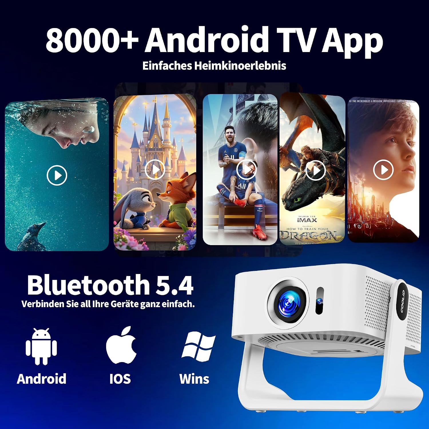 Detalle 2 de Tragbarer 4K-Beamer (1080P nativ) mit Netflix-Kompatibilität, WiFi 6 (5G Dualband) & Bluetooth 5.4 – C5 in Weiß