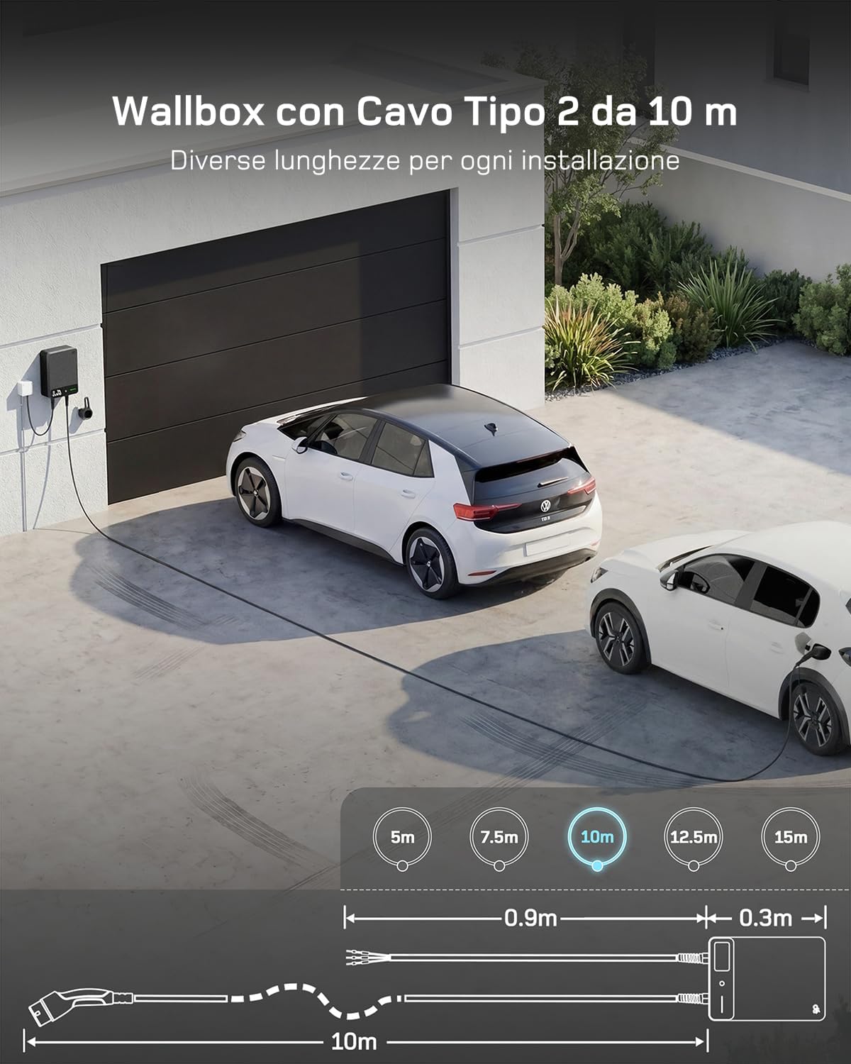 Detalle 2 de Dé Wallbox 7,4 kW Tipo 2 con App e Cavo 10 m: ricarica domestica monofase affidabile