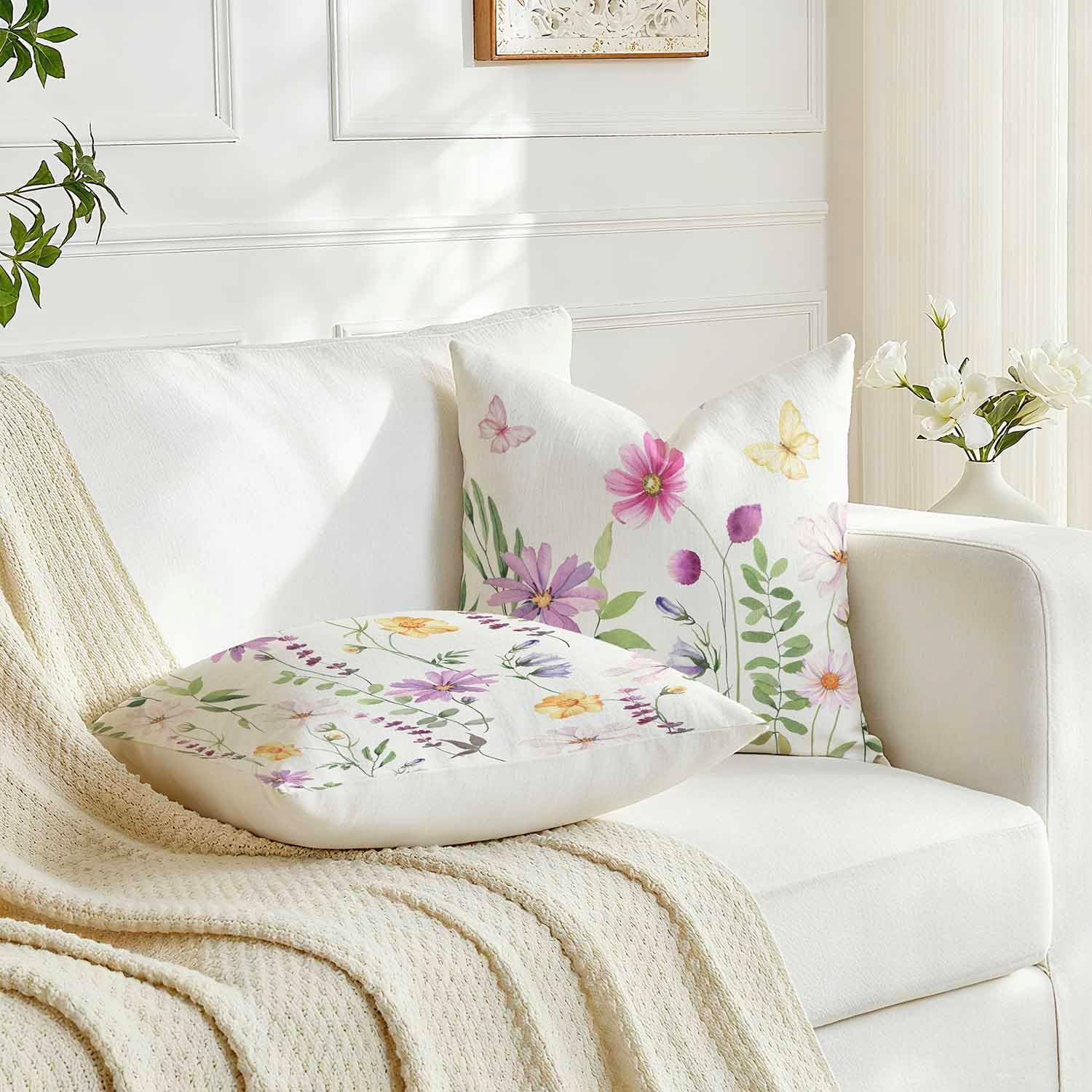 Detalle de Avalune Kissenbezug 50x50 cm Frühling Leinenoptik – Blumen Rosa/Grün, 2er Set