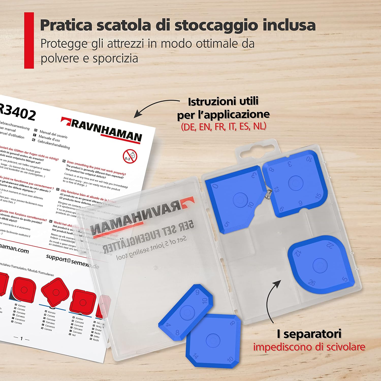 Detalle de RAVN HAMAN Set di 5 strumenti per calafataggio blu: spatole per giunti in silicone e acrilico con scatola di custodia