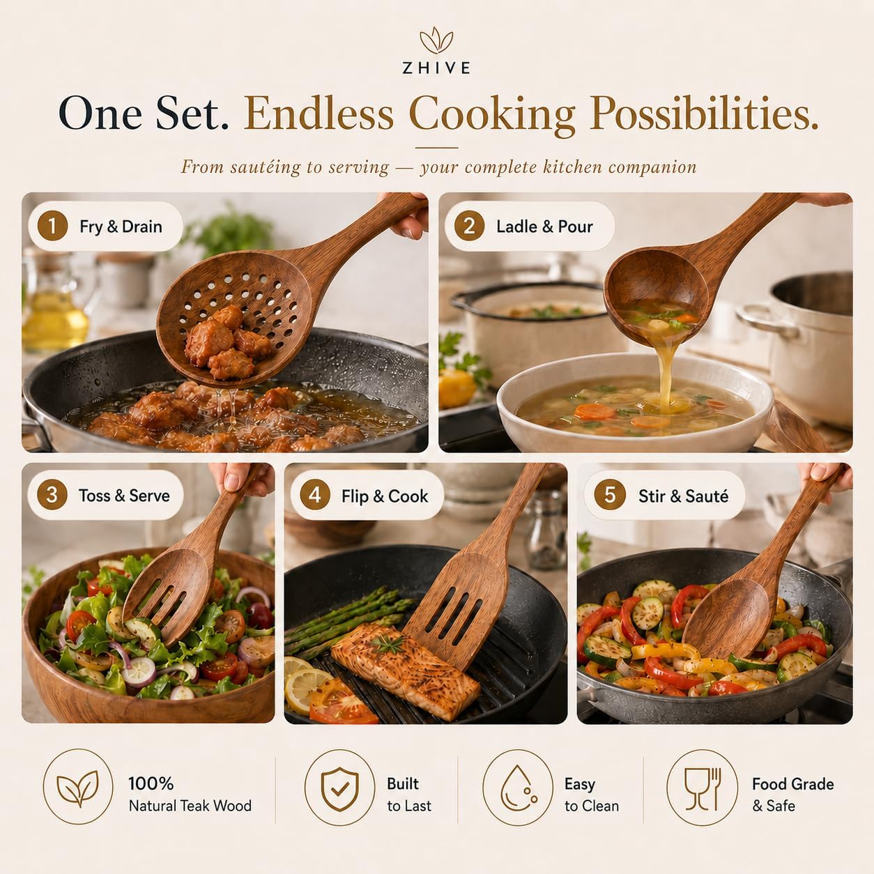 Detalle de ZHIVE Teak Wood Cooking Utensil Set