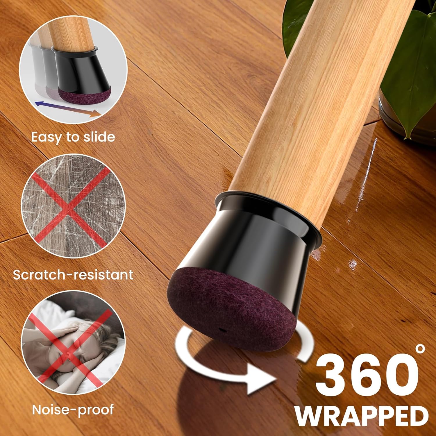 Detalle 2 de RUSIDO – 24 embouts de pied de chaise en silicone et feutre noir, pour pieds ronds 14–20 mm