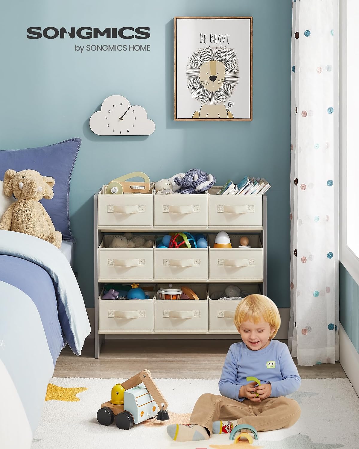 Detalle 2 de SONGMICS GKR033G10 Toy Organiser, 9 Fabric Boxes, 3-Tier, Dove Grey