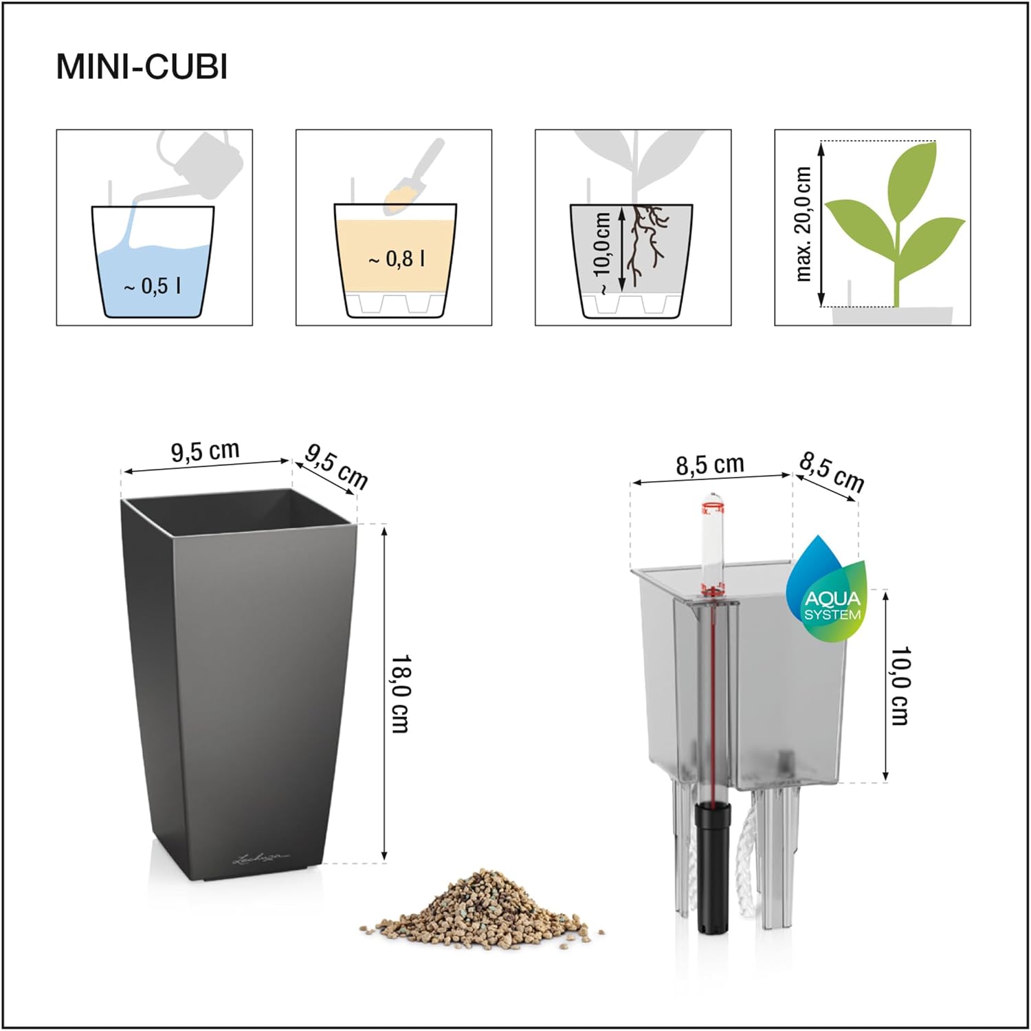 Detalle de LECHUZA Mini Cube 18123 planter, metallic anthracite with watering system