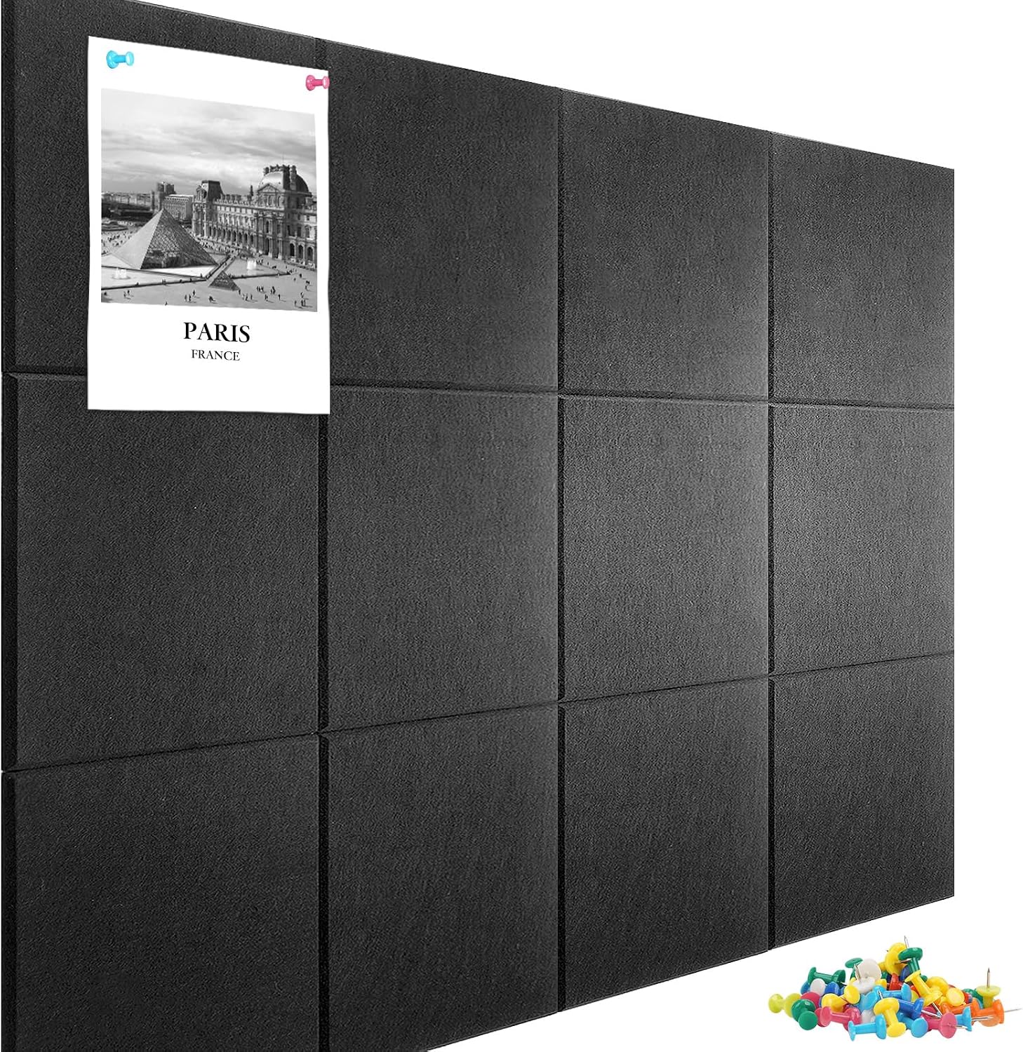 120 x 90 cm Cork Board Alternative Felt Pin Board Tile Set (12-pack) with 30 pushpins – Black