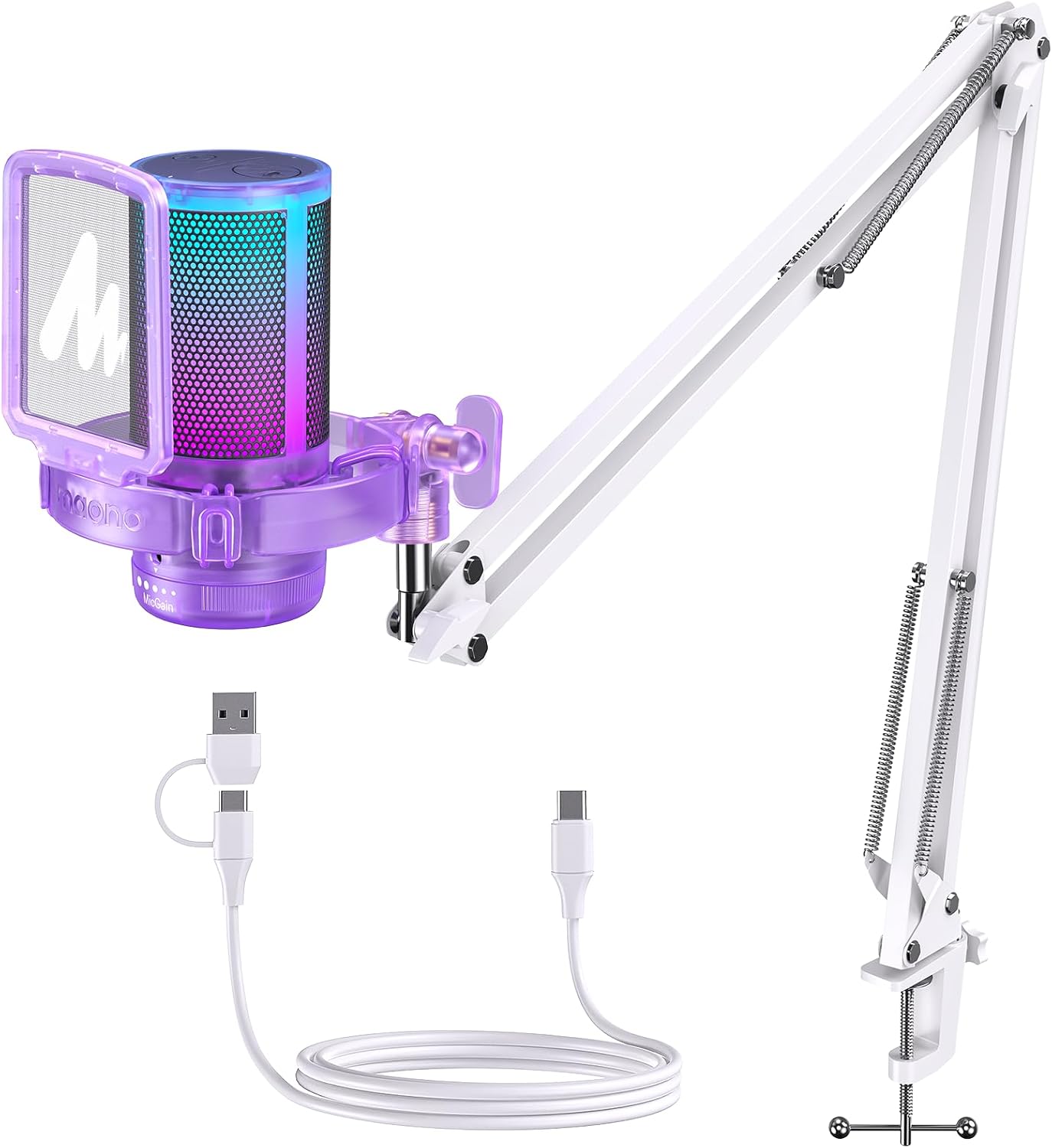 Detalle de MAONO DGM20S USB Gaming Microphone, Purple, RGB Lighting and Boom Arm