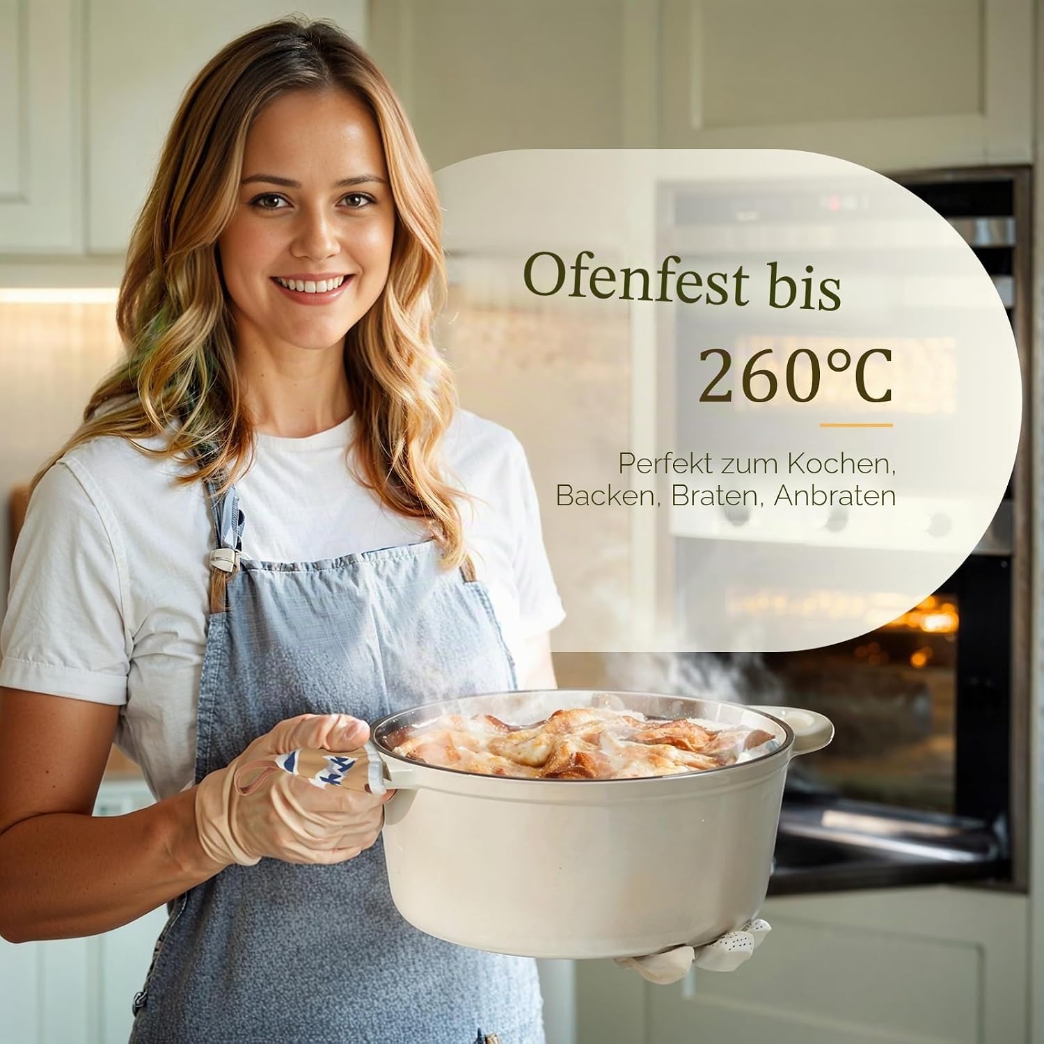 Thumbnail 5 de Overmont Bräter emaille Gusseisen Topf Ø28 cm mit Deckel – backofengeeignet, inklusive Kochbuch