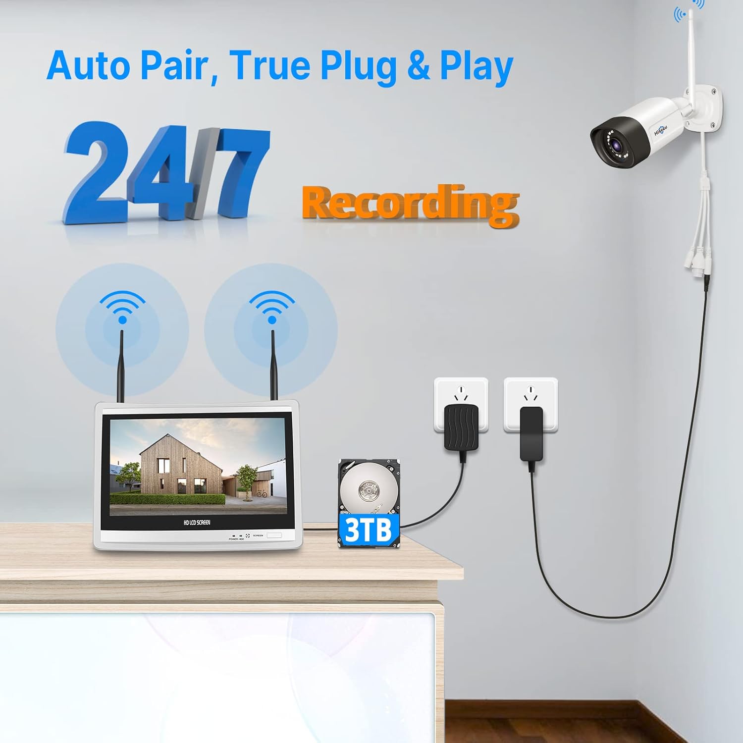Detalle 2 de Hiseeu kit videosorveglianza WiFi esterno 5MP + NVR 10CH con monitor 12” e HDD 3TB