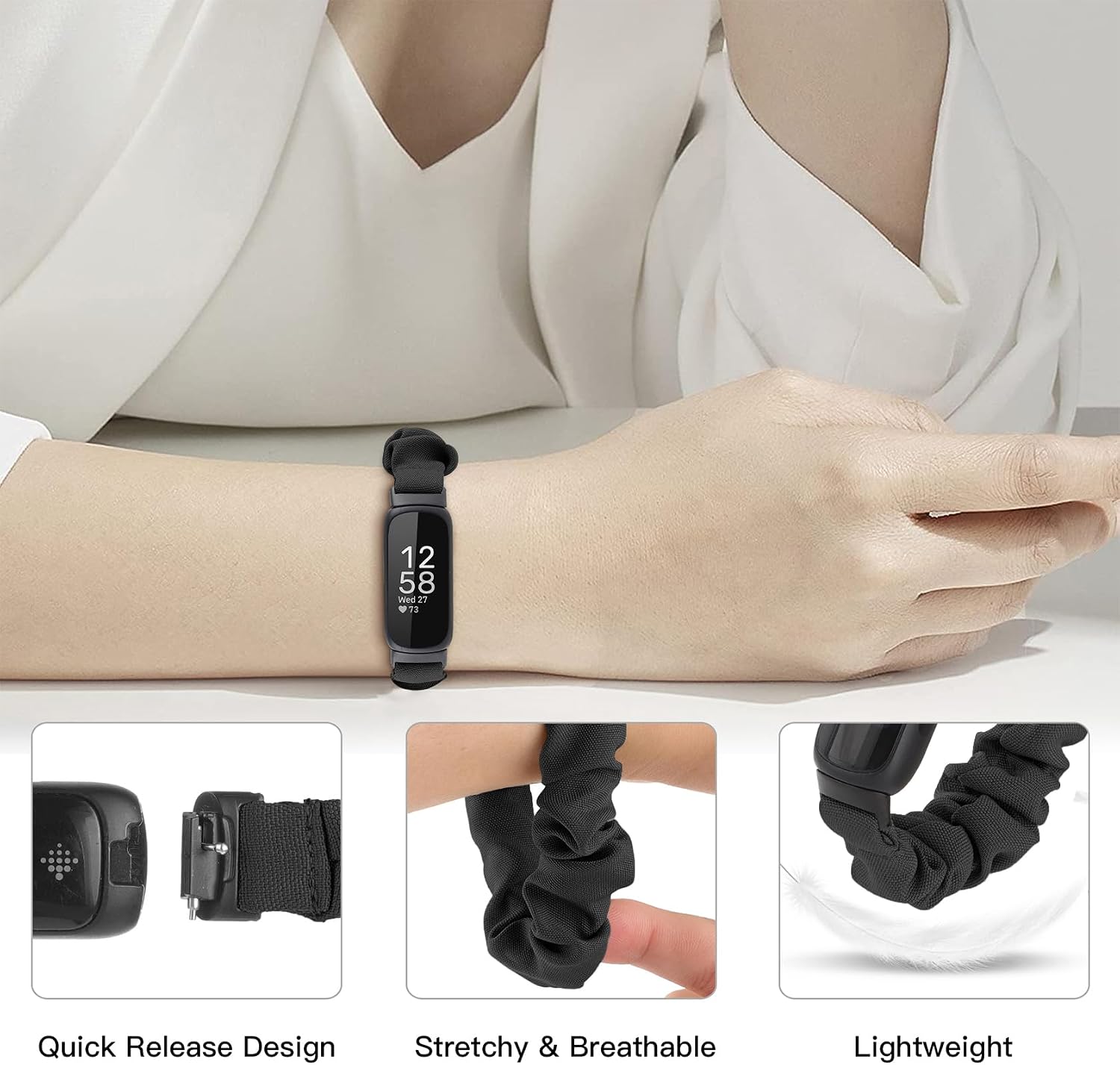 Detalle 2 de Folavii Fitbit Inspire 3/Inspire 2用シュシュバンド 2個セット 伸縮性布製