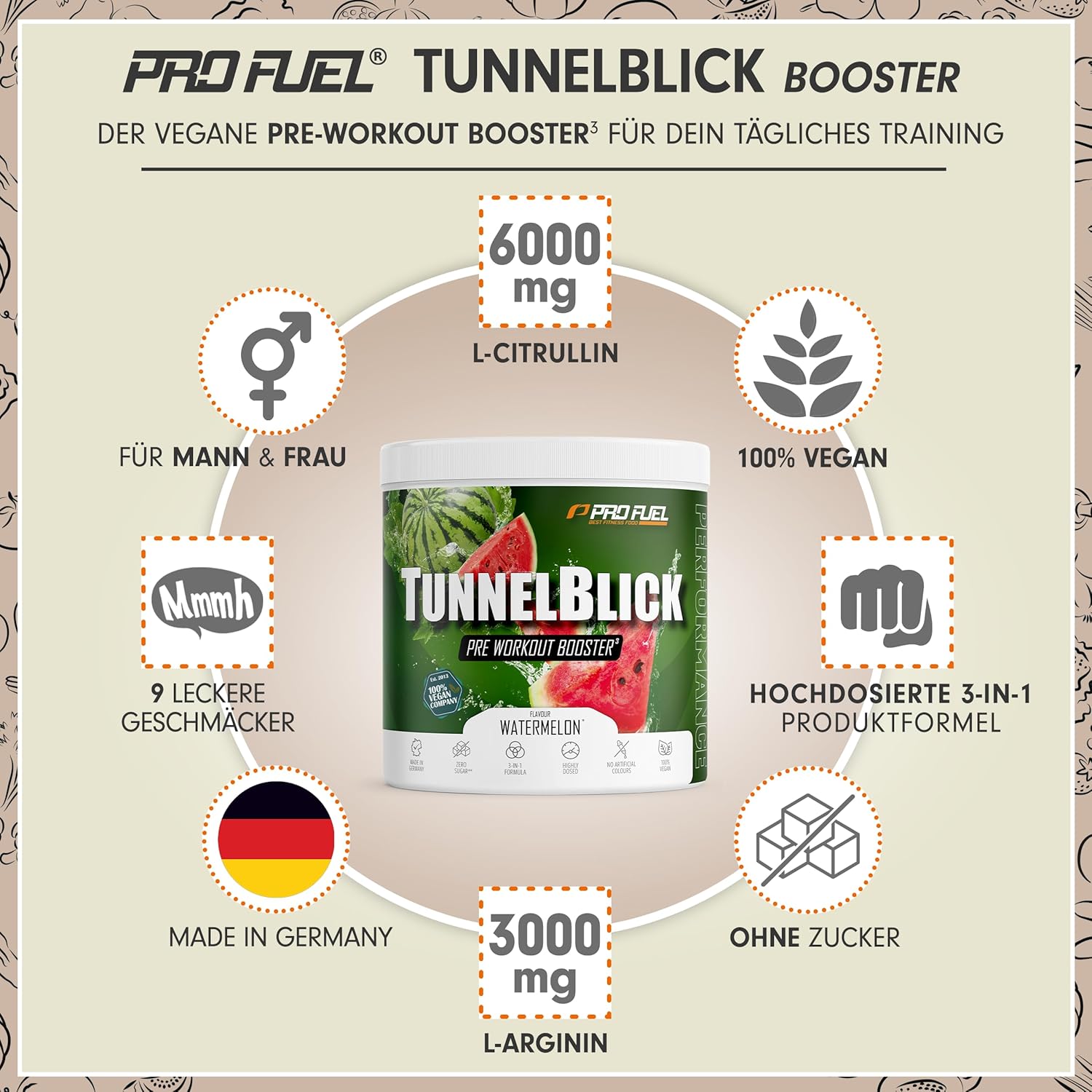 Thumbnail 1 de Pre-Workout-Booster³ WASSERMELONE 440 g von TUNNELBLICK mit Citrullin, Arginin, Taurin, Koffein, Guarana & Magnesium (vegan)