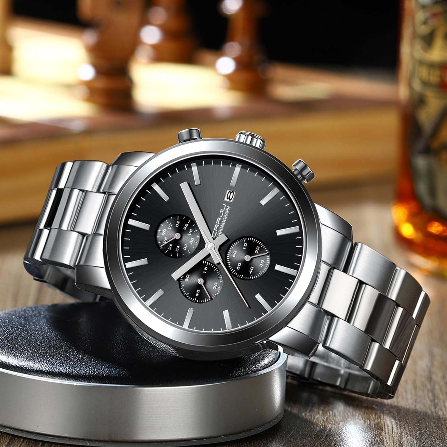 Detalle de CRRJU Herren Chronographen-Uhr mit Edelstahlband, analogem Quarzwerk & Datum – wasserbeständig bis 30 m