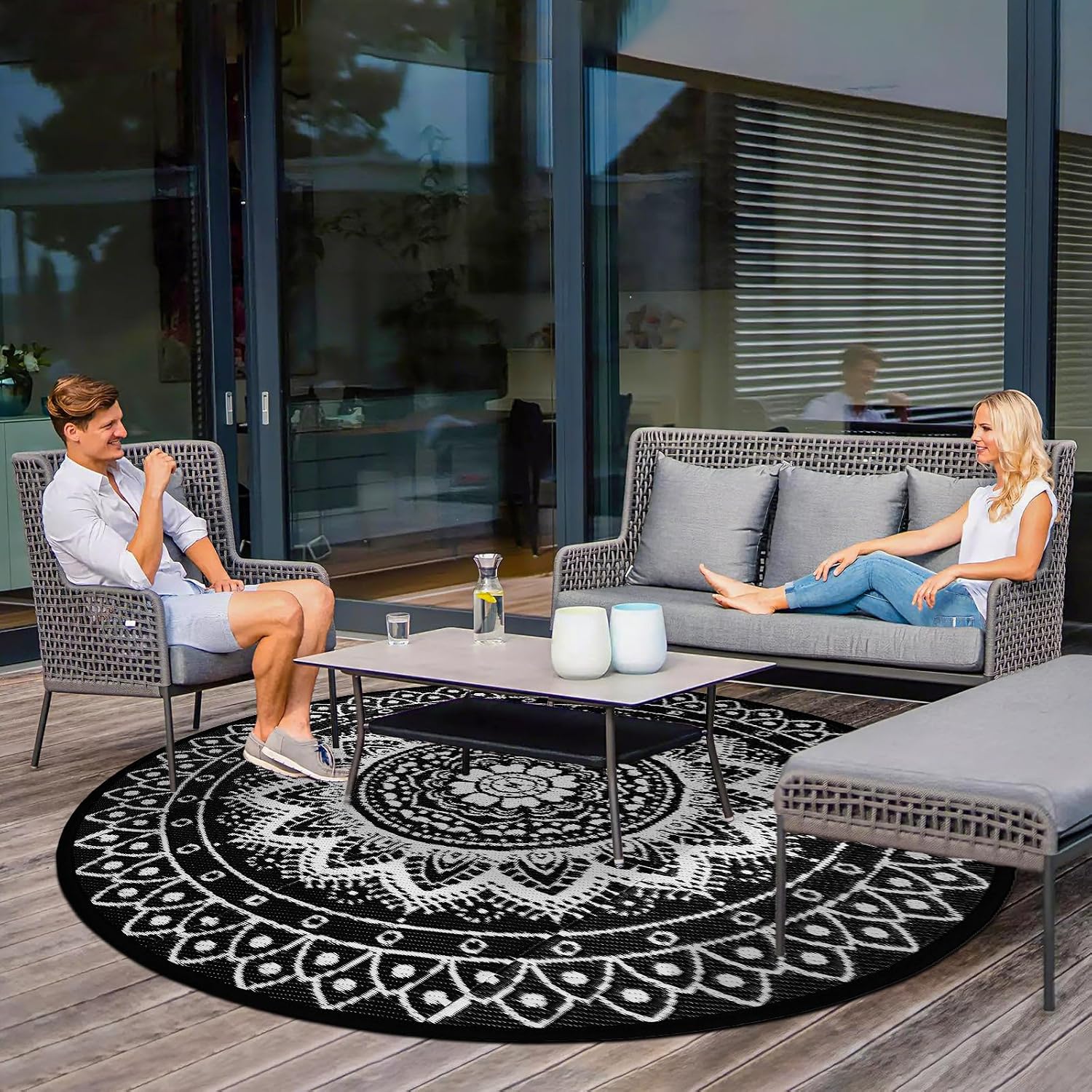 Detalle de VSIWB 240cm Round Outdoor Rug – Reversible Boho Pattern, Waterproof & Foldable