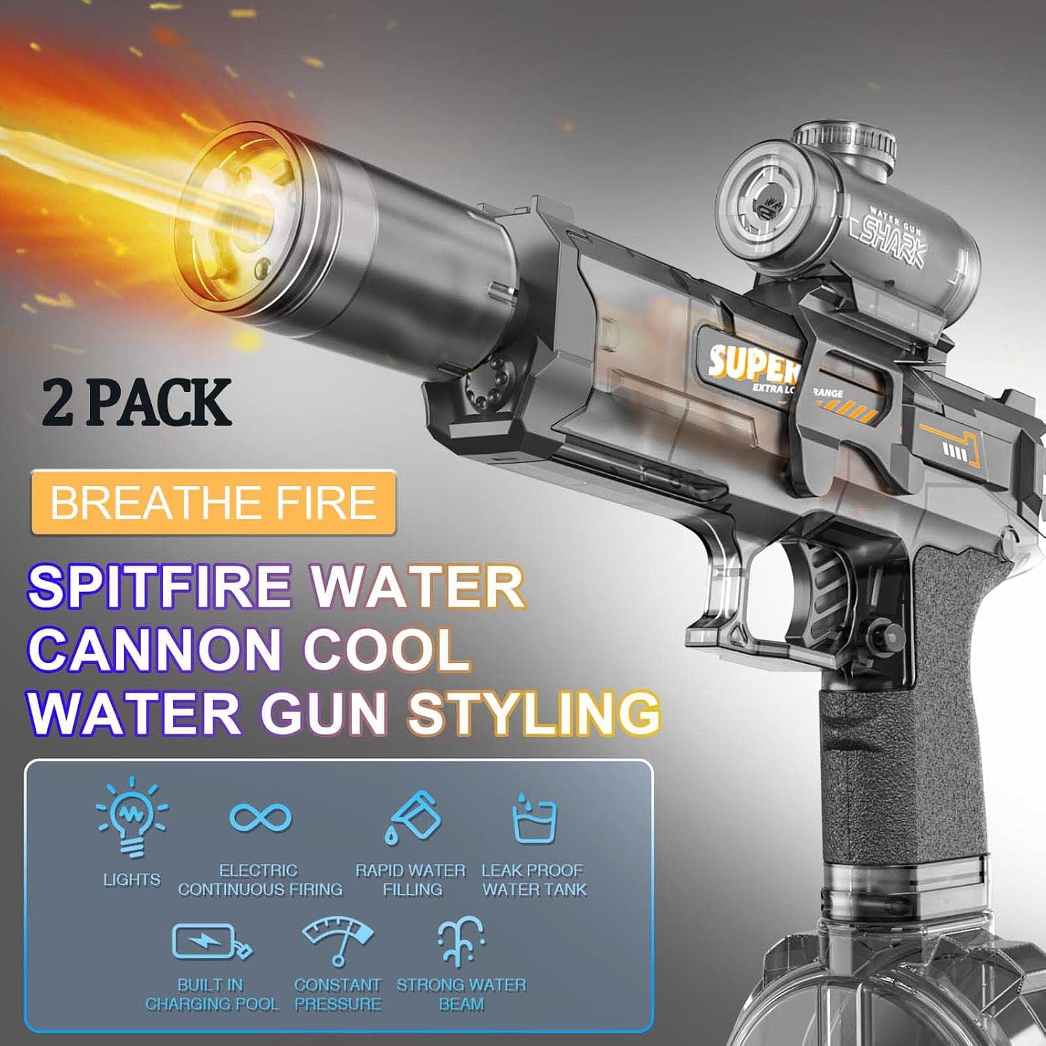 Detalle de 2-Pack Electric Water Guns for Adults and Kids with LED Lights – Ultra Long Range, 320cc Capacity (Grey + Blue)